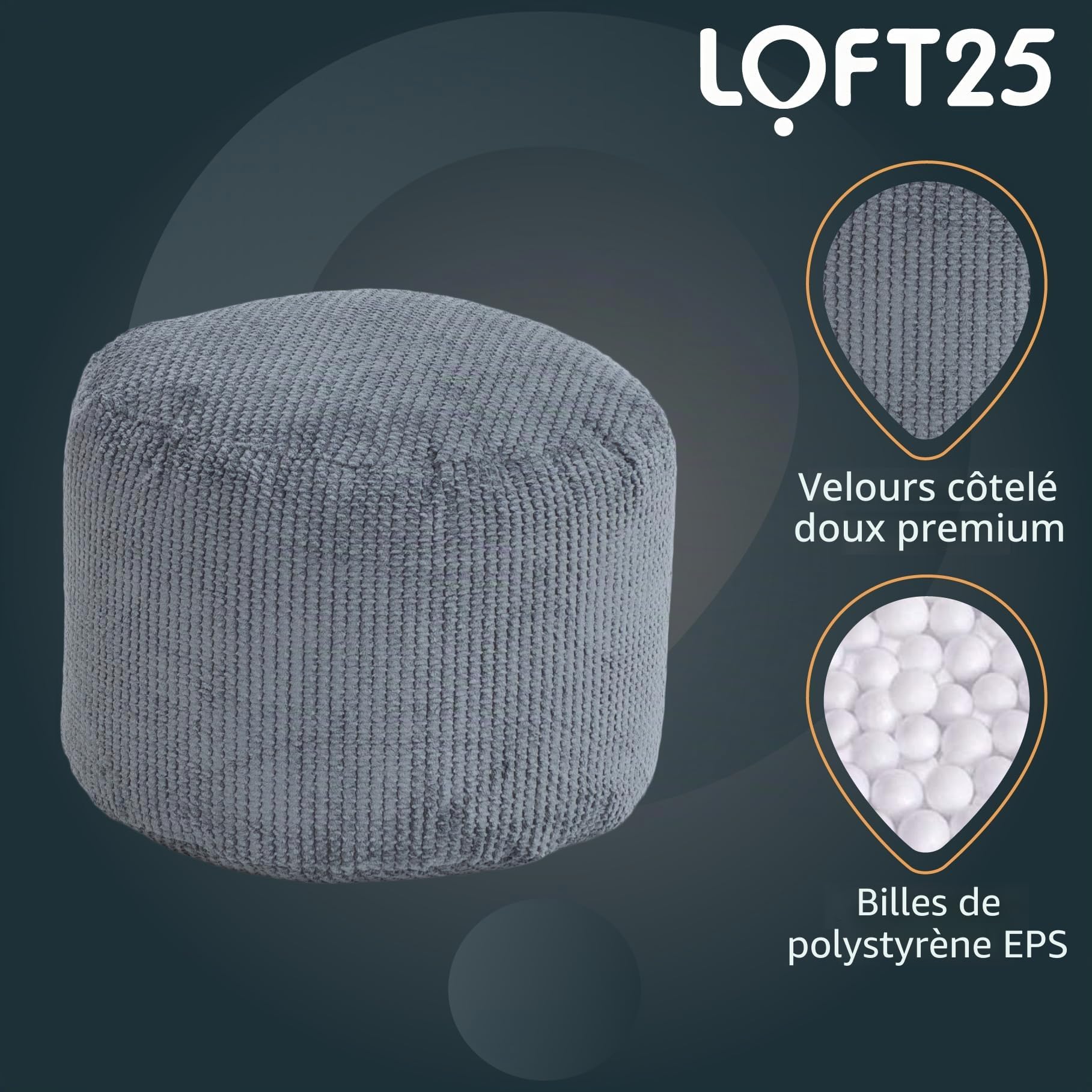 Loft 25 – Pouf rond à texture bulles, repose-jambes d'intérieur pour salon, design ergonomique, ultra confortable et durable (gris anthracite)
