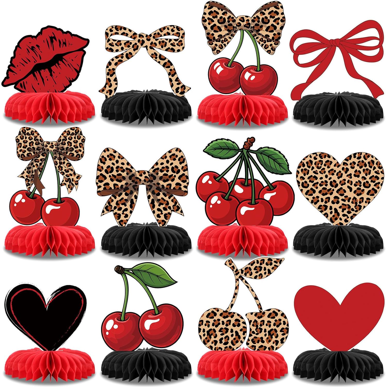 12 Pcs Cheetah Cherry Party Decorations Leopard Themed Honeycomb Table Centerpieces Cheetah Cherry Leopard Party Table Decor for Safari Animal Birthday Decorations Sulpplies