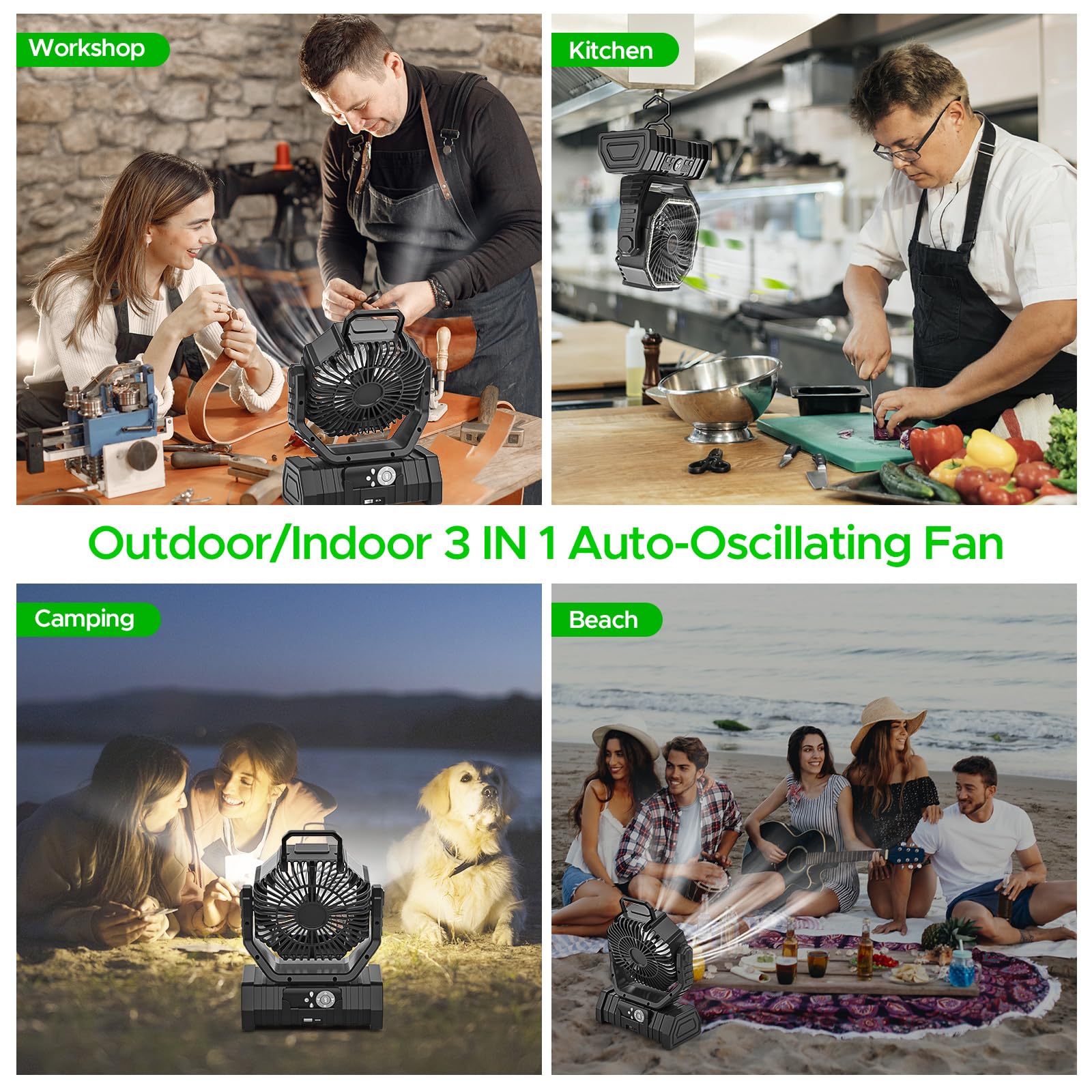 Ventilador de camping recargable con linterna LED, 20000 mAh, oscilante automático, ventilador de escritorio con control remoto y gancho, ventilador portátil de 8 pulgadas para picnic, pesca, RV