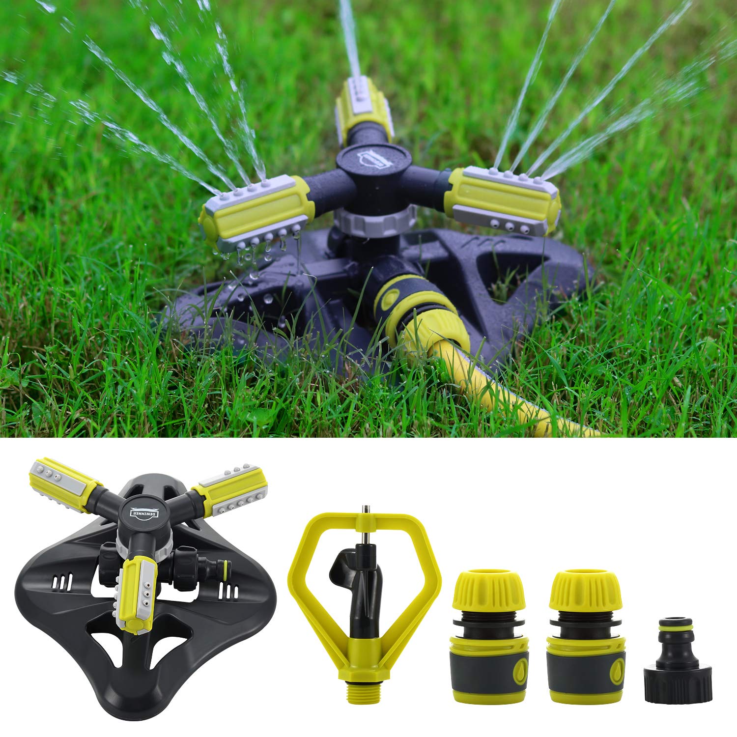 Arroseur d'eau de Jardin, DEWINNER Irrigation Automatique Rotative à 360°de la Pelouse,3 Bras Rotatifs Réglables pour Les Légumes à Fleurs Végétales,2 Buses de Pulvérisation Circulaires,3 Connecteurs