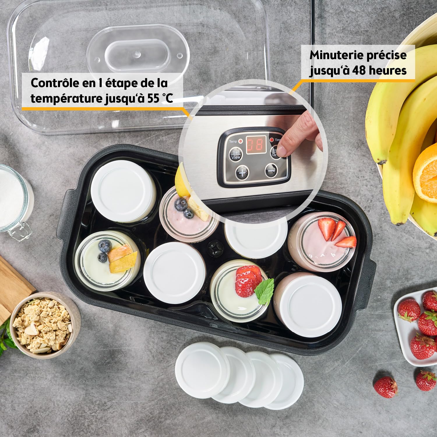 TZS First Austria - Yaourtière électrique 25W avec 8 pots en verre de 180 ml pour jusqu'à 1,4L de yaourt fait maison - Avec température de 20-55°C, arrêt automatique et écran LCD - Blanc