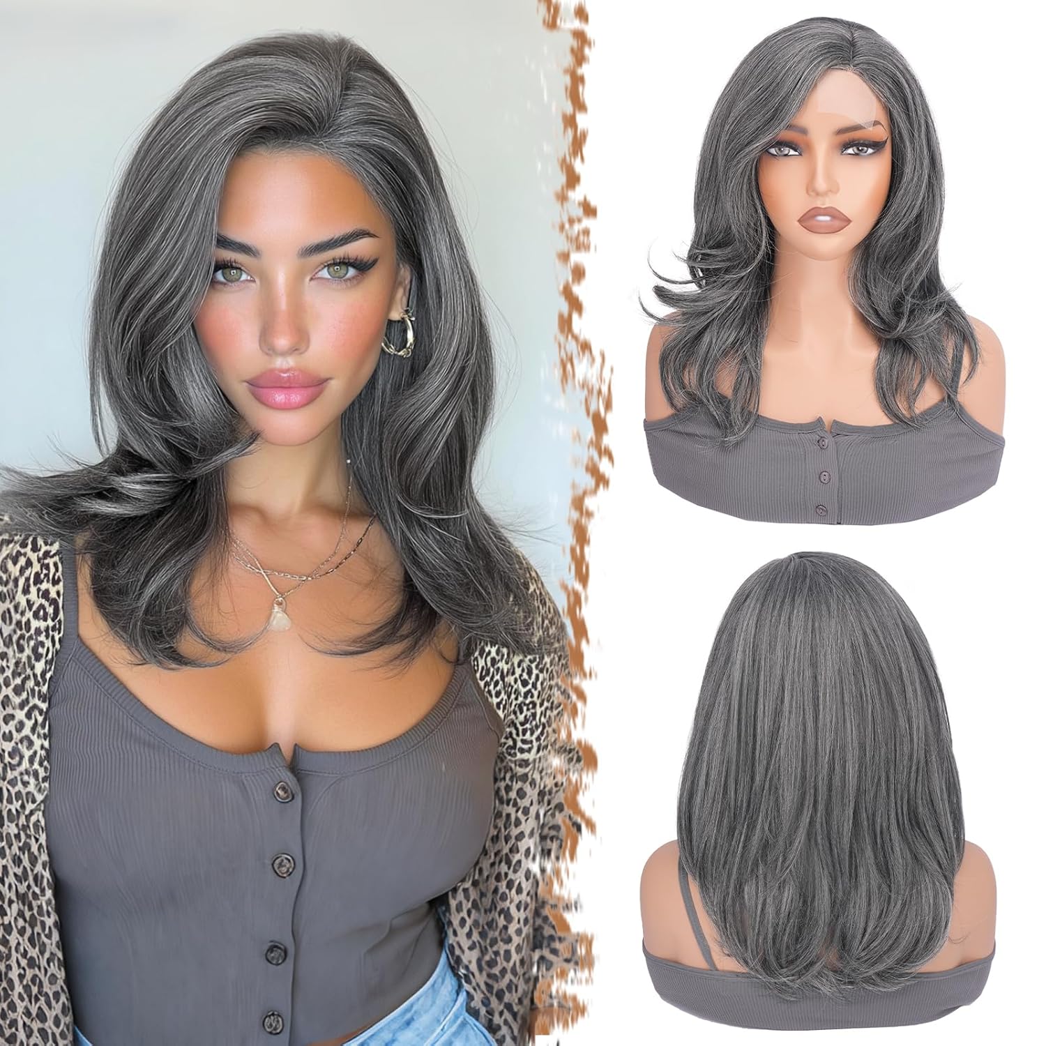 Gray Wig for Women Side Part - Layered Natural Straight Lace Front Wig with Soft Yaki Fiber, Realistic Hairline & Lightweight Daily Style - Mix Gray, 14 Inch
