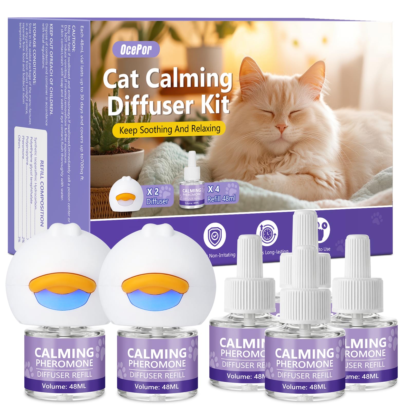 OcePor Cat Calming Diffuser 4 Refill Solutions, 2 Plugs- Cat Pheromones Calming Diffuser Refill, Pheromone Diffuser to Calm Cats, Cat Anxiety Relief