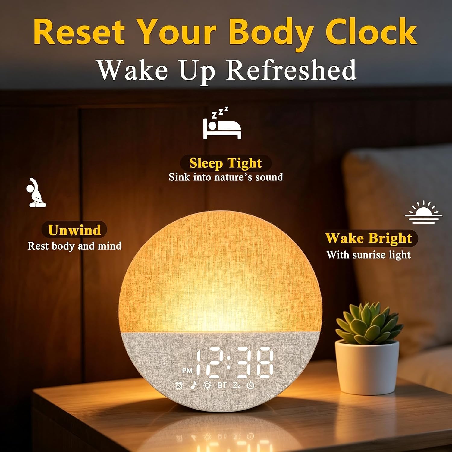 Sunrise Alarm Clock White Noise Machine: 1-100% Natural Wake-Up (10-60min) Sunlight Lamp Clock with 30 Soothing Sounds & 9 Colors Light, Bluetooth Speaker for Bedroom Heavy Sleepers & Anxiety Relief