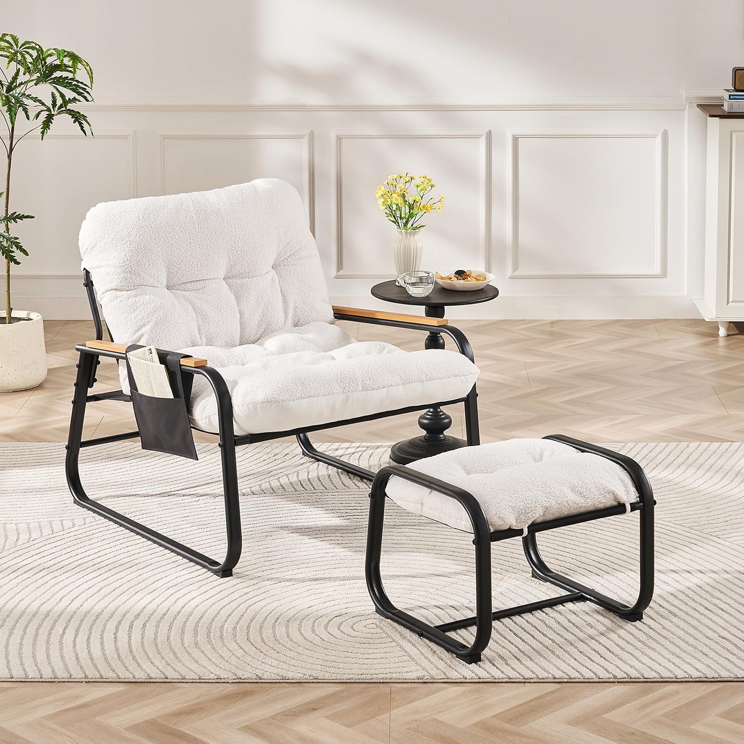 ONBRILL Oversized Modern Accent Chair with Ottoman, Comfy Living Room Chair with Double-Fabric-Cushion & HDPS Armrests, Lounge Chair with Footrest & Side Pocket, Armchair for Bedroom, Balcony, Beige