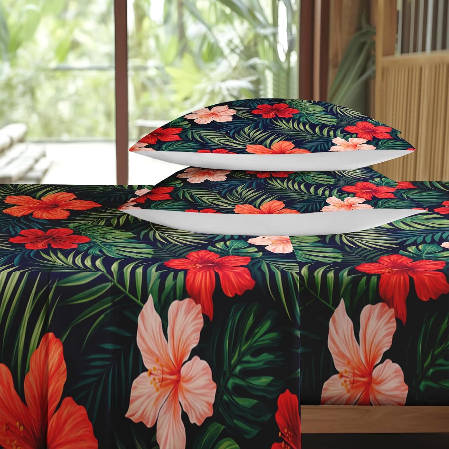Pamnest King Size Bed Sheet Sets, Summer Hawaiian Soft Microfiber 4 Pcs Bedding Sets for Kids and Adults Bedroom Bed Decor, Tropical Hibiscus Plants Flat, Fitted Sheet and 2 Pillowcases