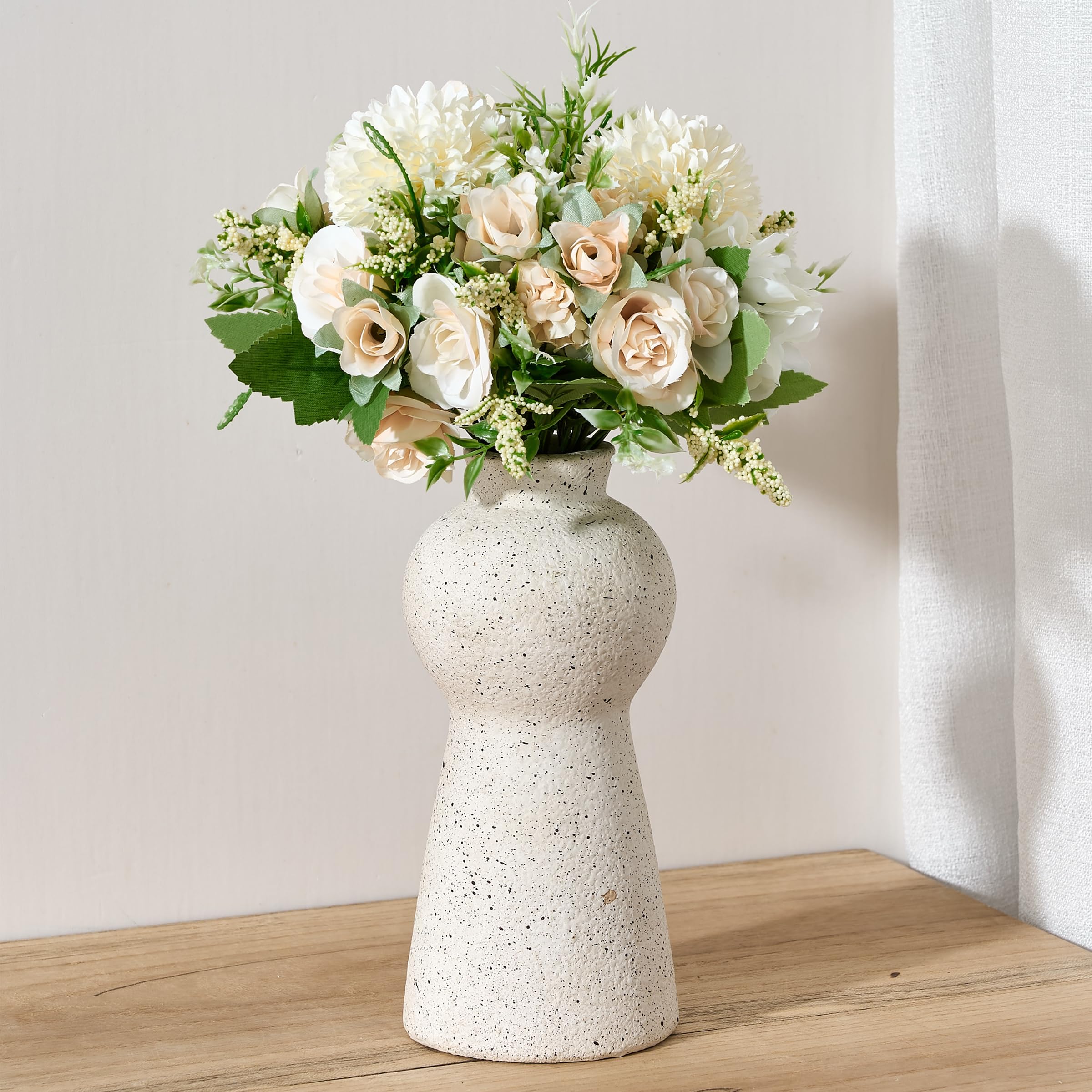 PORCER Ceramic Rustic Flower Vase, 7.87 Inch Cute Boho for Home Decor, Farmhouse Terracotta Vase for Living Room, Table, Shelf, Mantel Decoration, Farmhouse-Sesame Dot White