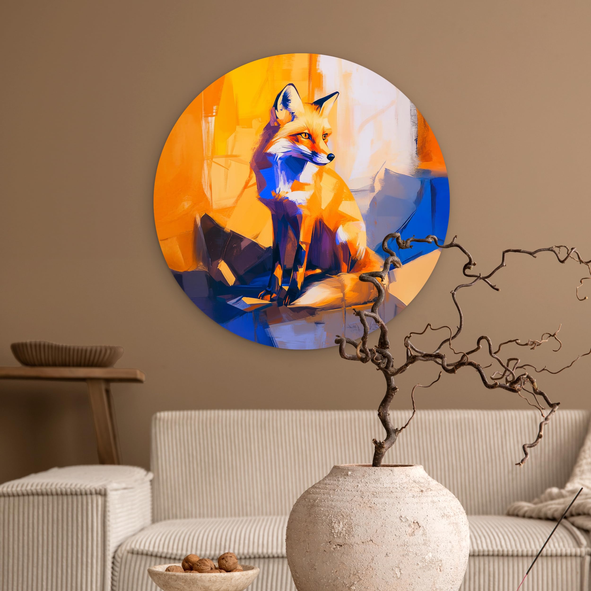 MuchoWow© Wandkreis Ø60 cm Home Decor Modern Dekoration Deko Wandbilder Wanddekoration Zimmerdeko Wohnung Wall XXL Wohnzimmer Schlafzimmer Fuchs - Orange - Formen - Abstrakt