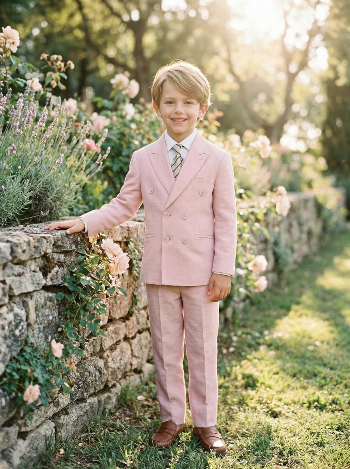 JPF Double Breasted Linen Suit for Boys 2 Piece Kids Linen Suit Casual Beach Wedding Suit Jacket and Dress Pants Set - Image 3