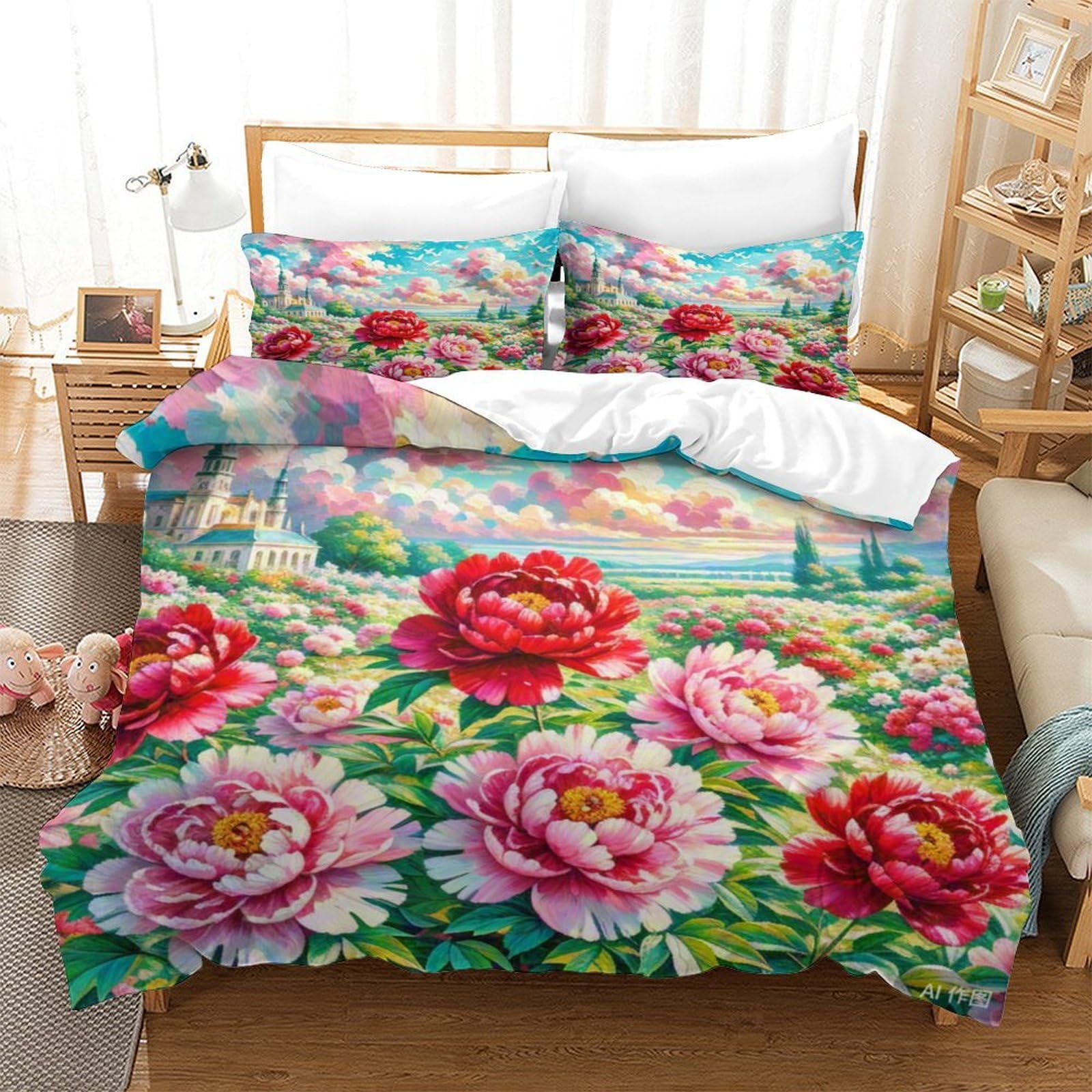 Housse de couette pivoine 3D 140x200 avec taie en microfibre pour lit single