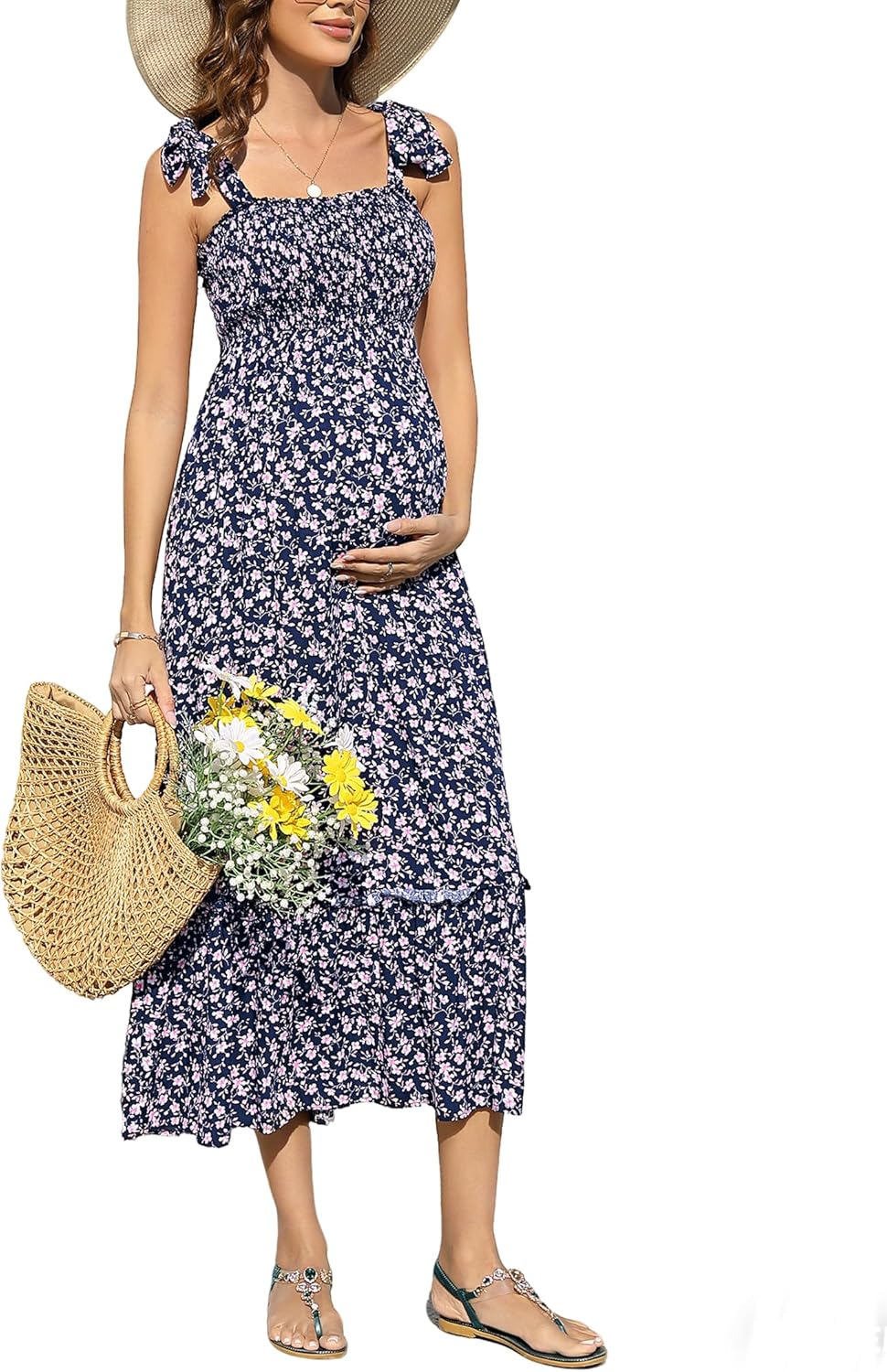 Yesfashion Women Maternity Spaghetti Strap Smocked Boho Summer Midi Dress Casual Sleeveless Maxi Dress Baby Shower Photoshoot