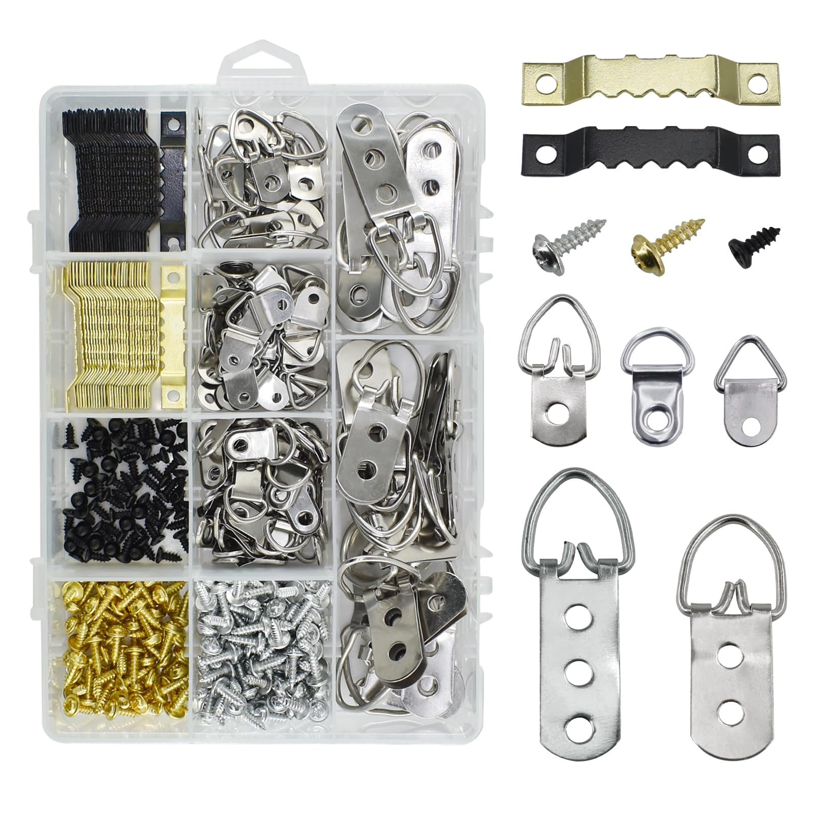 LE-stone 415Pcs 7 Sizes Picture Hanging Kit with Screws Sawtooth Pictures Hangers D Rings for Photo Frames Art Exhibitions Wedding Photos