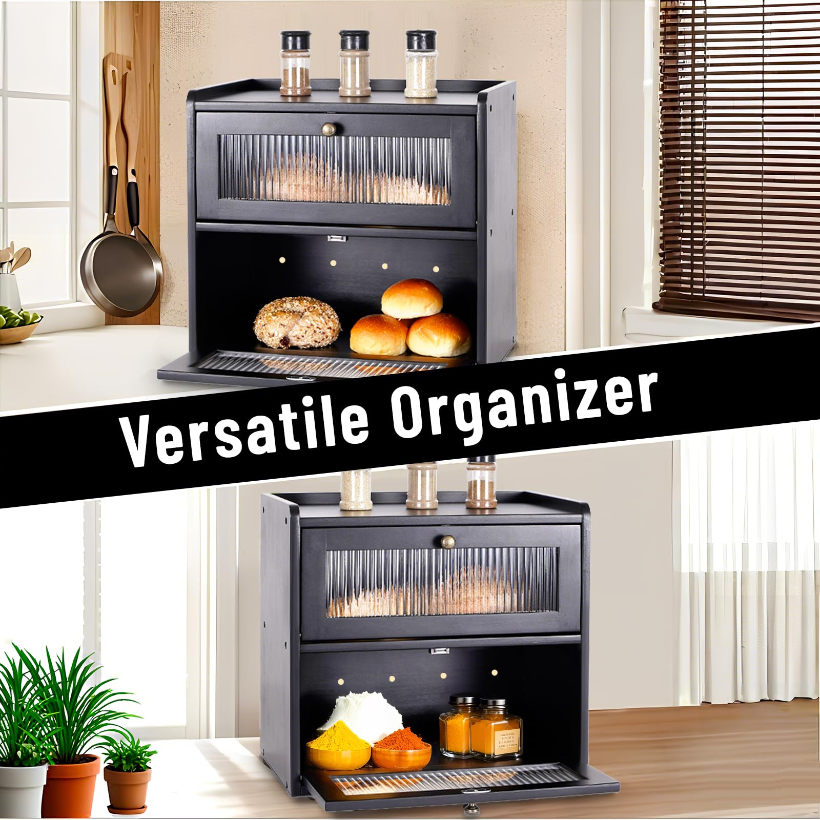 Paneras Para Guardar El Pan Caja Grande De Madera Maciza Doble Panera Madera Para Guardar ReposteríA Con Puerta AcríLica MagnéTica Bread Bin (Negro)