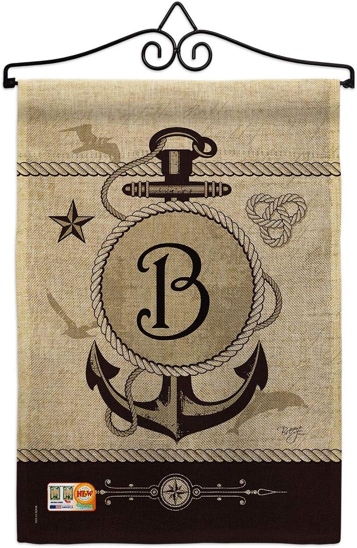 Nautical B Initial Garden Flag Set Wall Holder Monogram Coastal Anchor Sailor Sea Shells Outdoor Summer Ocean Small Decorative Gift Yard House Banner Made In USA 13 X 18.5