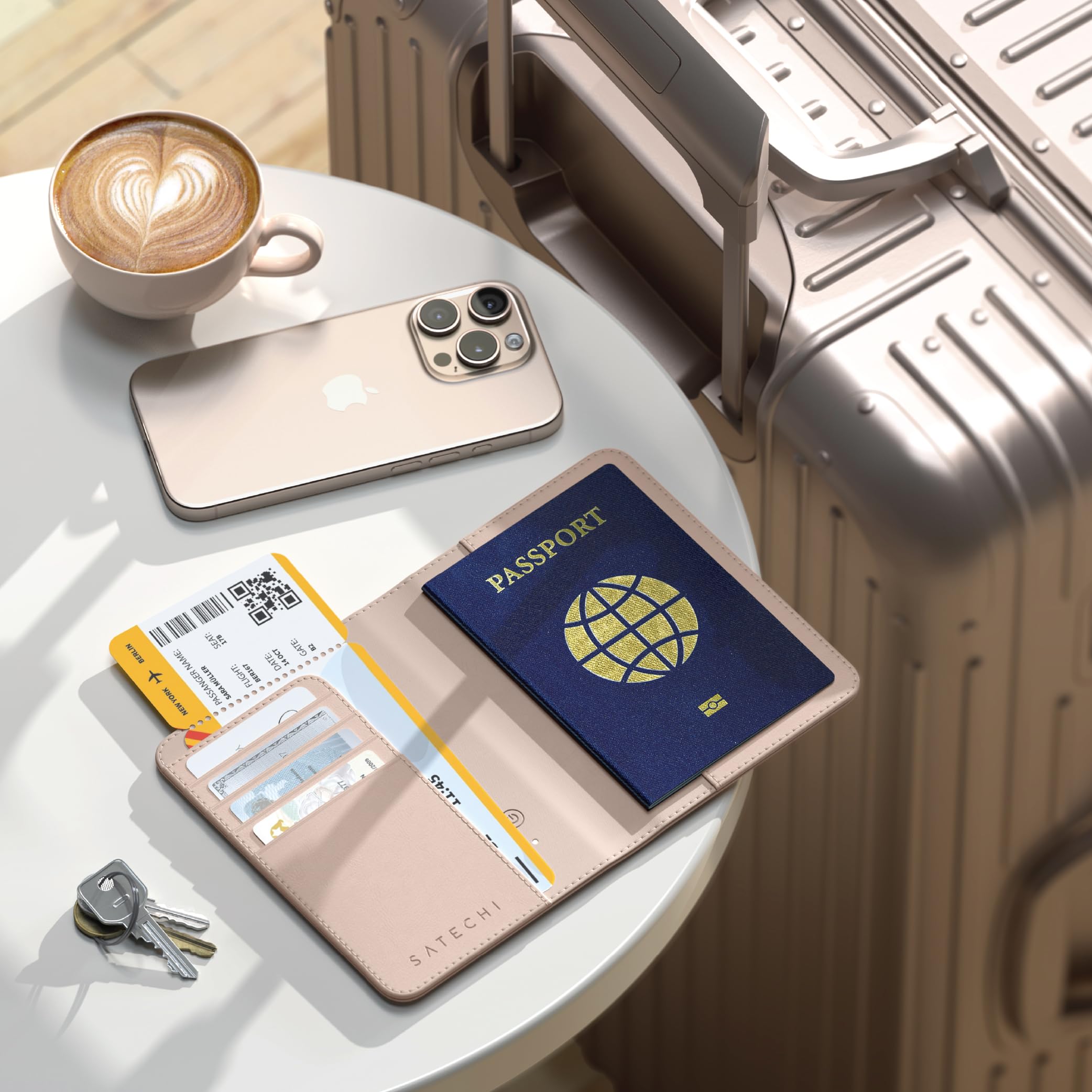 SATECHI FindAll Funda Pasaporte para Viaje con Find My con 4 Slots para Tarjetas, Carga Inalámbrica y Protección RFID, Compatible con App iOS Buscar, Material Premium (PU) - Rose