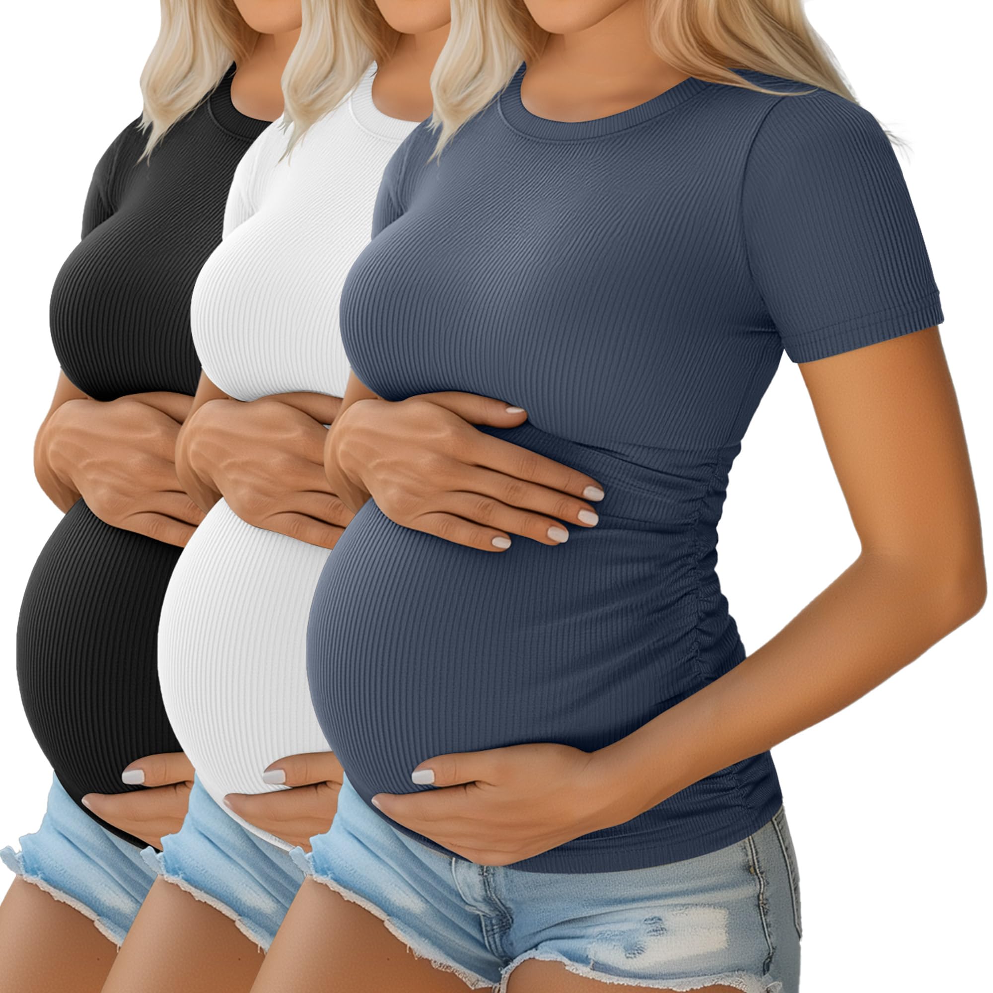 Ficerd Paquete de 3 Camisetas de Maternidad de Algodón, Manga Corta, Arrugas Laterales, Tejido Canalé