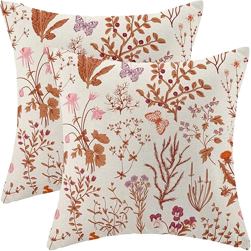 AEIOAE Juego de 2 fundas de almohada de otoño de 16 x 16 pulgadas, fundas de almohada de flores silvestres de color naranja quemado, fundas