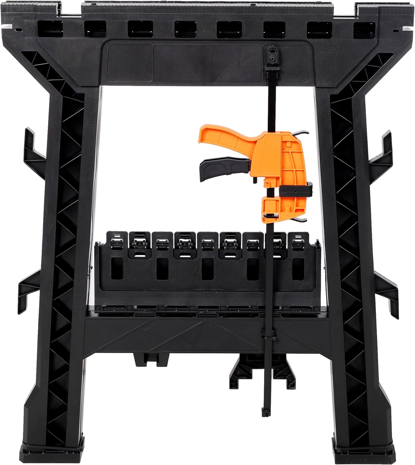 Folding Clamping Sawhorse, Heavy Duty Plastic, 2200 LBS Load Capacity, 32-1/4" x 27-1/2", Set of 2, Fully Assembled