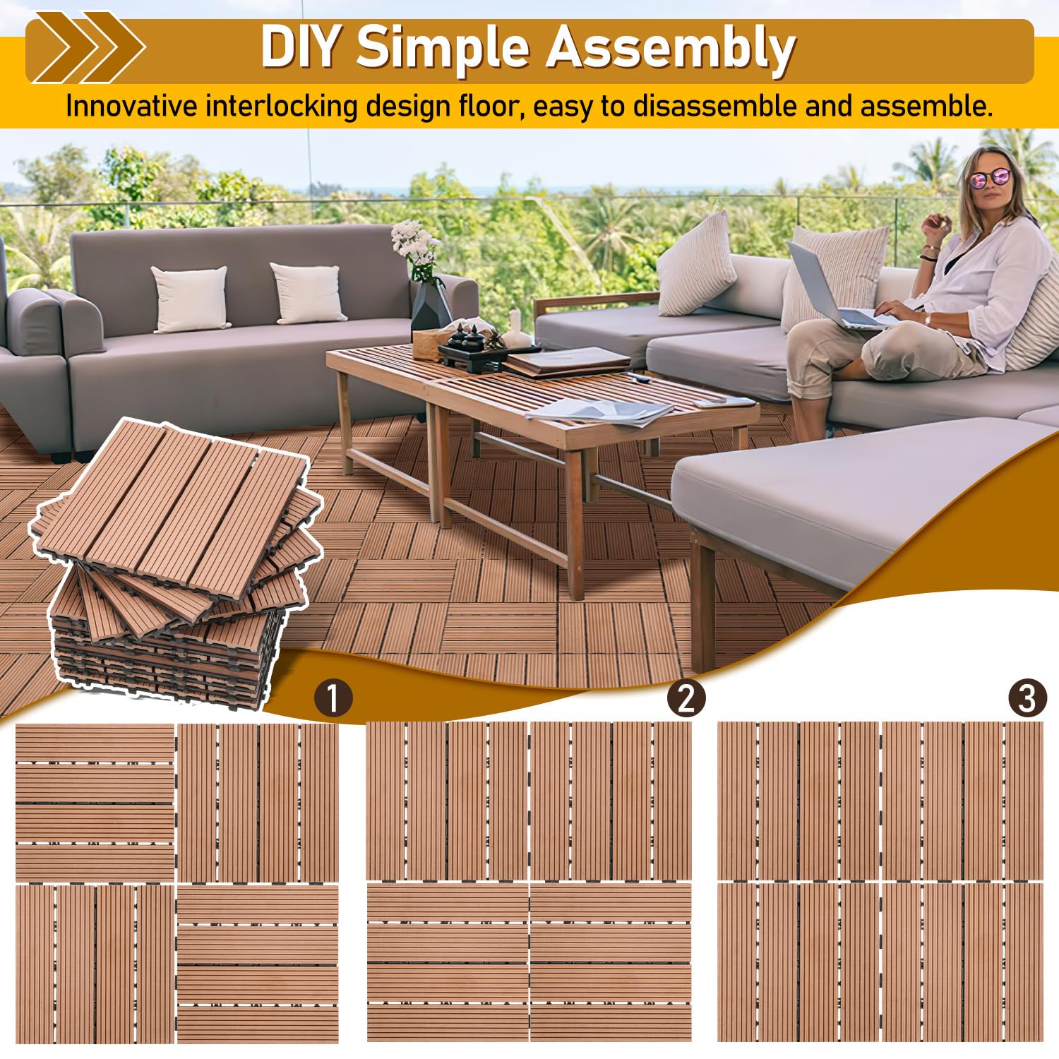 WPC Lot de 110 dalles de terrasse à clipser - 30 x 30 cm - Aspect bois - Avec drainage - Revêtement de sol résistant aux intempéries - Pour balcon, terrasse et jardin - Marron