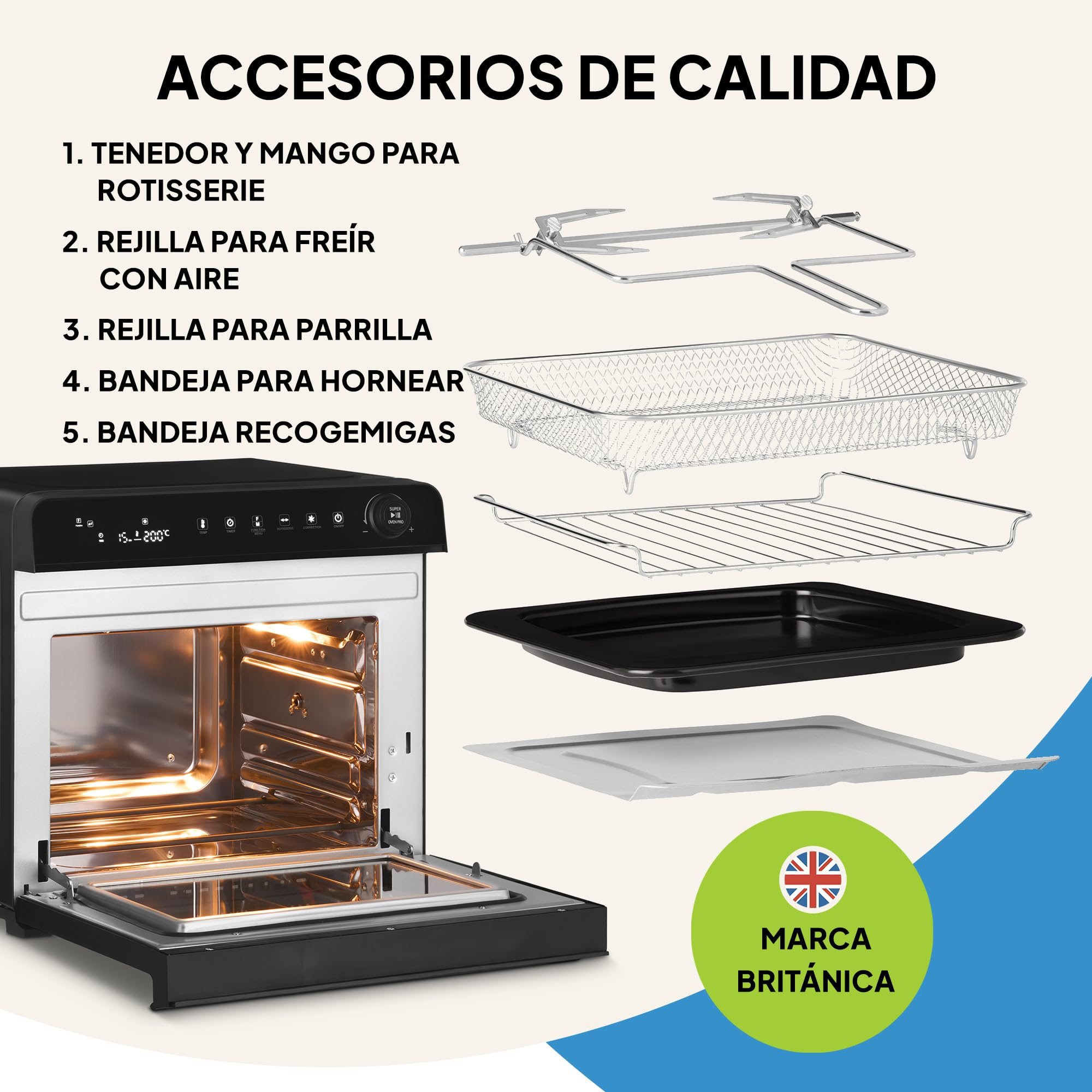 Fridja F77 Horno Súper Pro de 30L – Horno Freidora de Aire Digital LED Premium – 18 Programas Inteligentes, Función de Asador Giratorio (Rotisserie), Fácil de Limpiar, Rápido, Potente y Versátil, Inte