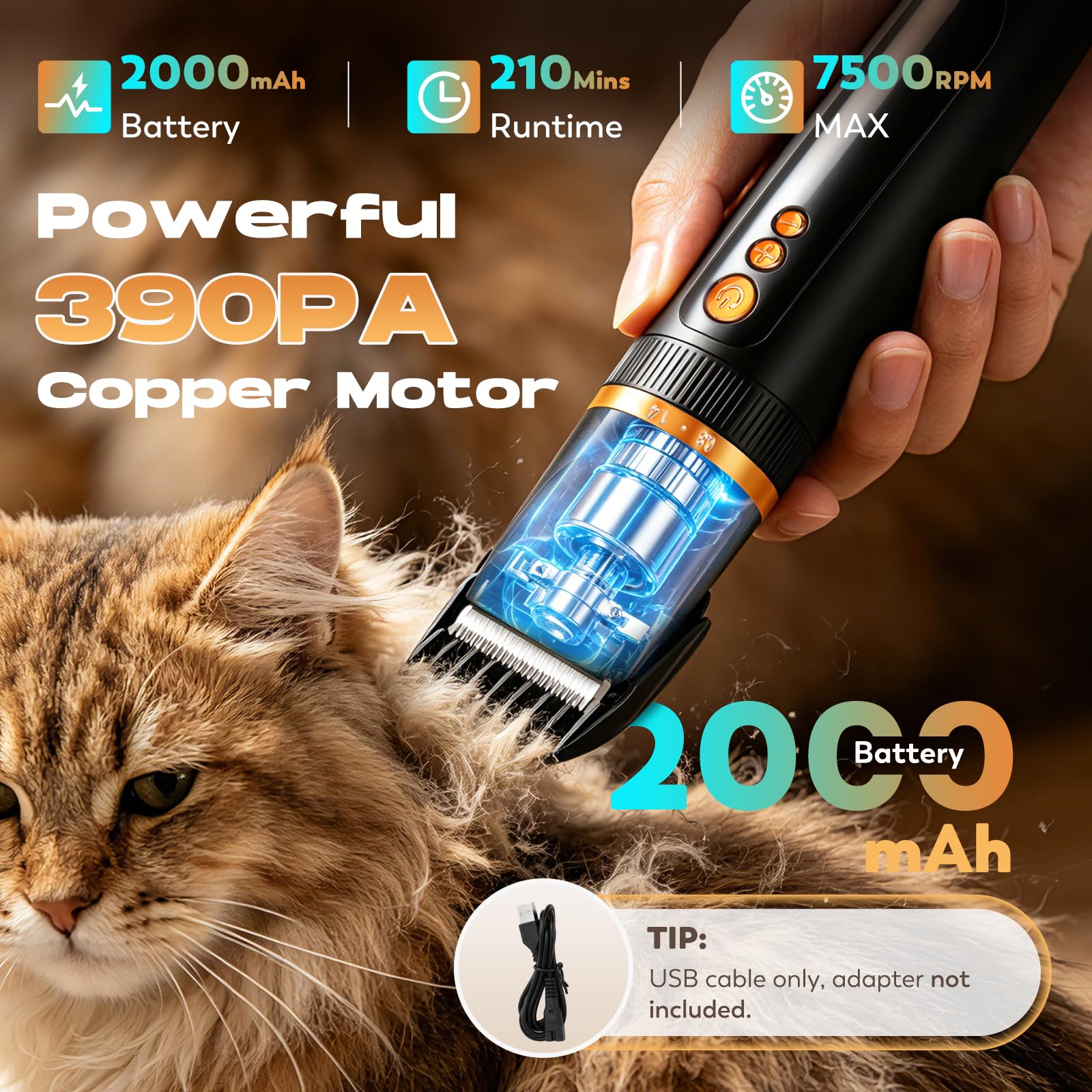 CGOLDENWALL Cortapelo Perros Inalambrico, 6500-7500RPM, Perros Gatos | Cuchillas Titanio Ceramica, 210min Autonomia, 4 Peines, Carga USB, Dorado