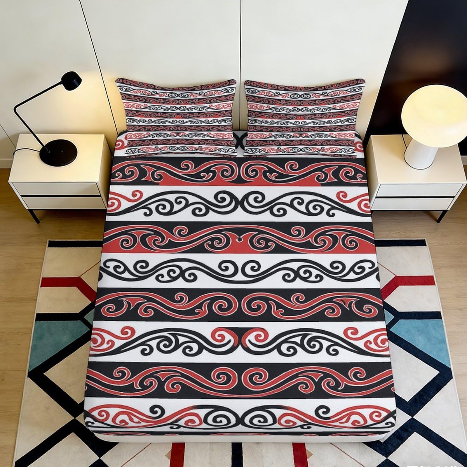 3D Printed abstract swirl Fitted Sheet, soft touch Microfiber, black red pattern, wrinkle resistant, apartment bedding, non-slip, easy care, bedroom decor, suitable for home, guest room, 180x200x25cm