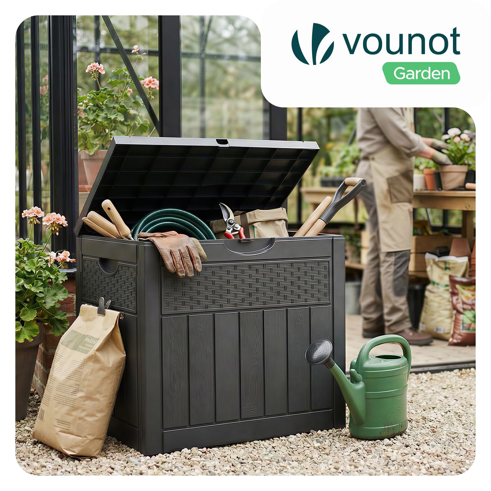 VOUNOT® 126L Outdoor Storage Box with Lid, Lockable Garden Storage Chest, Waterproof Plastic Deck Box for Cushions, Tools & Parcel Delivery, Rattan Effect, Black - 2