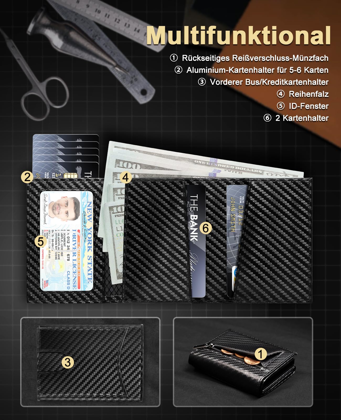 UNOSEKS Portmonee - Portafoglio da uomo con protezione RFID, mini portafoglio da uomo Bifold, slim wallet con scomparto per monete, porta carte di credito da uomo, Fibra di carbonio nera, Mit