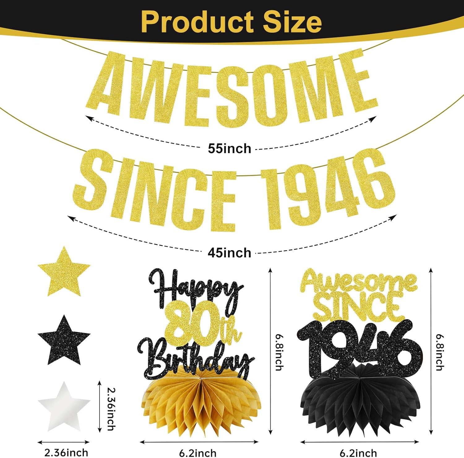 Zirtorei 80th Birthday Decorations Awesome Since 1946 Banner for Men Women, 4Pcs Black Gold 80 Birthday Hanging Sign Party Supplies, Eighty Year Old Bday Table Honeycomb Centerpieces - Image 2