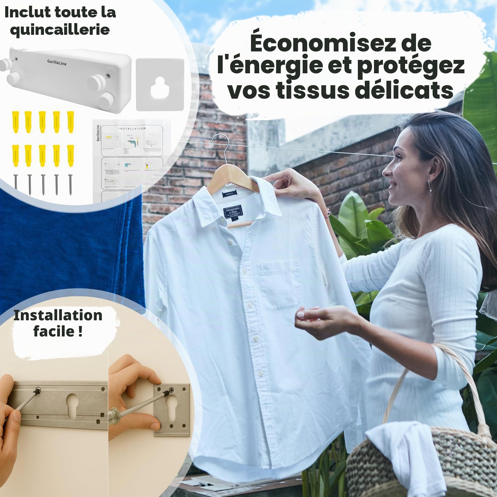 GorillaLine Corde à Linge rétractable pour intérieur et extérieur – Corde à Linge Robuste – Séchoir Mural – Séchage à l'air Libre