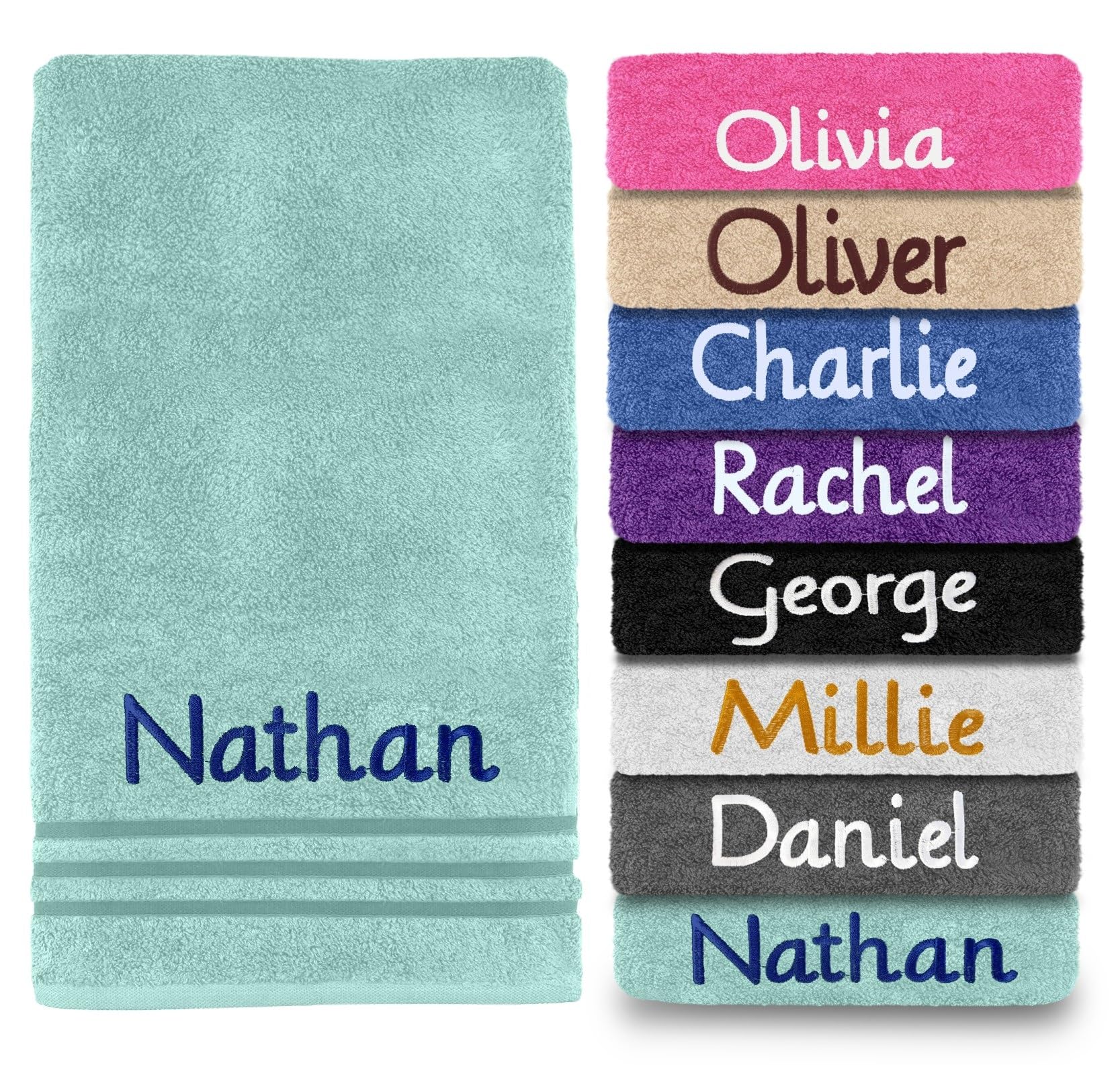 Dream Zone Personalised Embroidered Towels Set ANY NAME | Face Cloth | Hand Towel | Bath Towel | Bath Sheet | Beach Swimming Towel | Supreme 100% Egyptian Cotton 550GSM (Bath Towel, Aqua) โ image 1