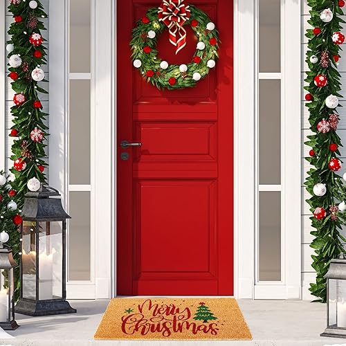 Miniatura 7 de Whaline Felpudo de puerta de fibra de coco natural antideslizante para el suelo, árbol de Navidad para interiores y exteriores, decoración de