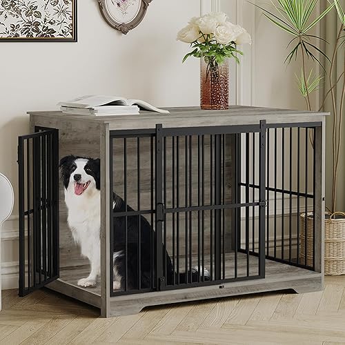Mueble XL grande para perros, muebles de interior para perreras de 44.1 pulgadas con puerta de granero, jaula alta de madera para perros, jaula