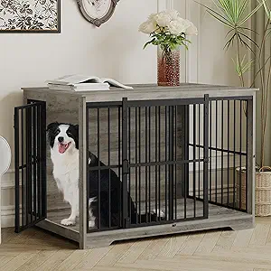 XL Large Dog Crate Furniture, 44.1" Indoor Dog Kennel Furniture with Barn Door, Wooden Tall Dog Crate, Heavy Duty Dog Cage for Large Dogs, Side End Table, Anti-Chew, Greige Black DFC80105B