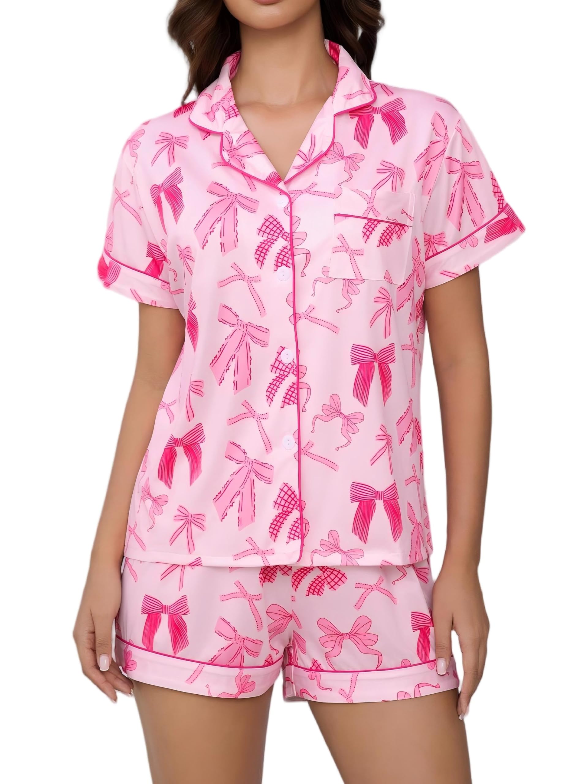 FUVYKOL Women's 2 Piece Bow Print Pajama Sets Sleepwear Short Sleeve Button Down Shirt and Shorts Nightwear Pjs Lounge Sets