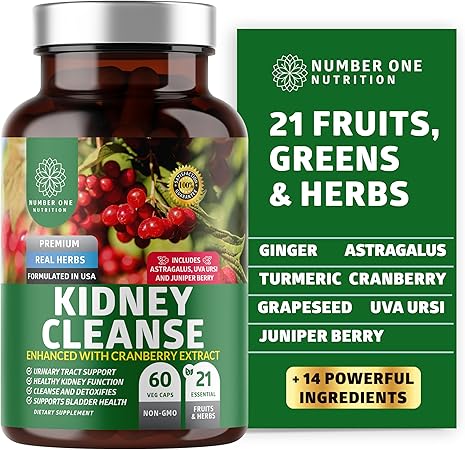 N1N Premium Kidney Cleanse [21 Potent Herbs] for Urinary Tract & Bladder Control, Natural Kidney Support with Cranberry Extract, Astragalus and Uva Ursi Leaf, 60 Veg Caps