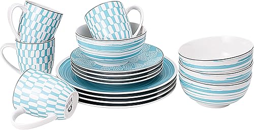 Miniatura 5 de Euro Ceramica Simpatico Collection - Juego de vajilla de cerámica de 16 piezas en turquesa; servicio para 4; patrón geométrico moderno; apto para