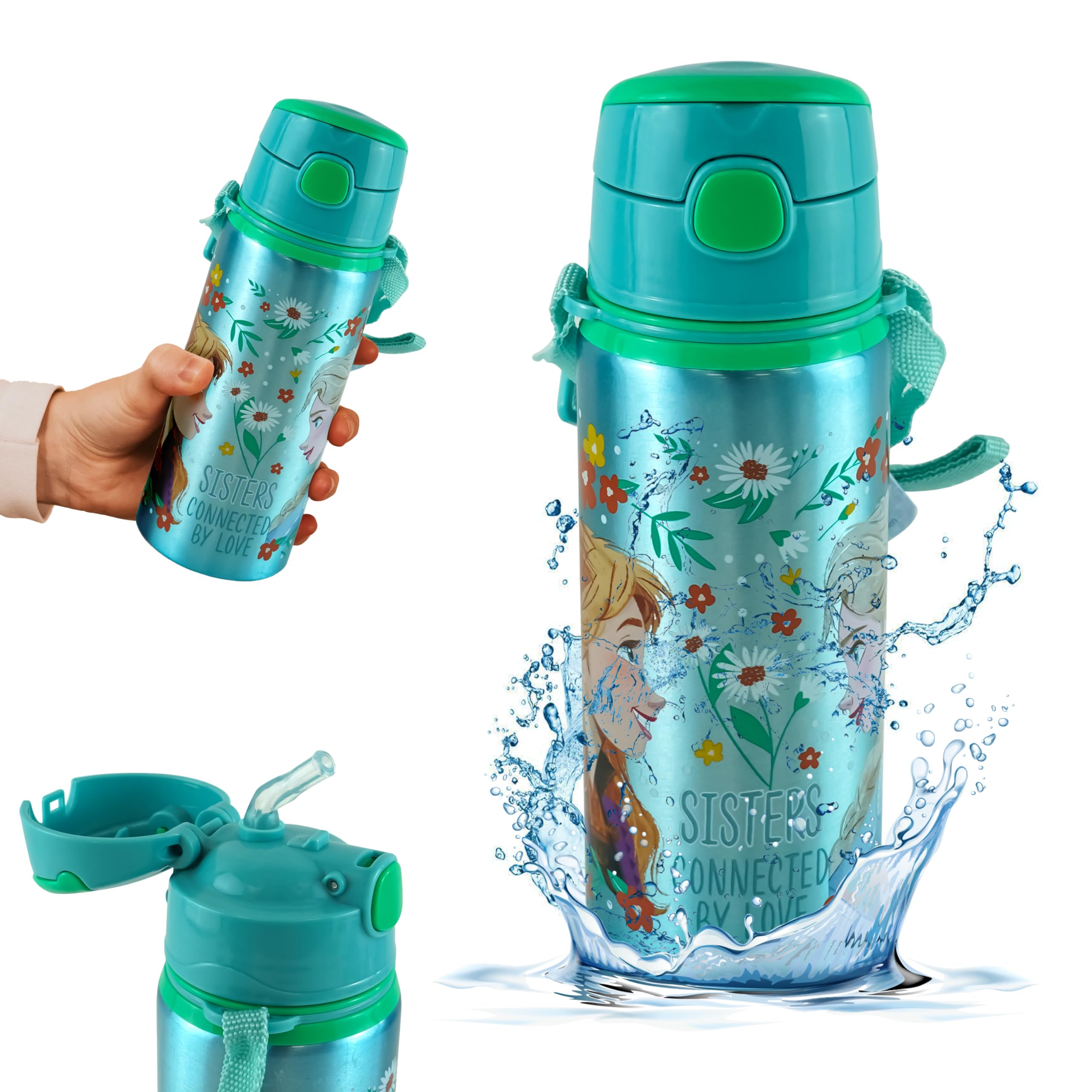 Hovuk Girls 1X Frozen Bottle Frozen Sports Water Bottle 600Ml, Turquoise Aluminum Canteen 21Cm, Thermal Insulated Bottle, Reusable, Bpa Free, Kids Back To School, Picnic And Summer Gift