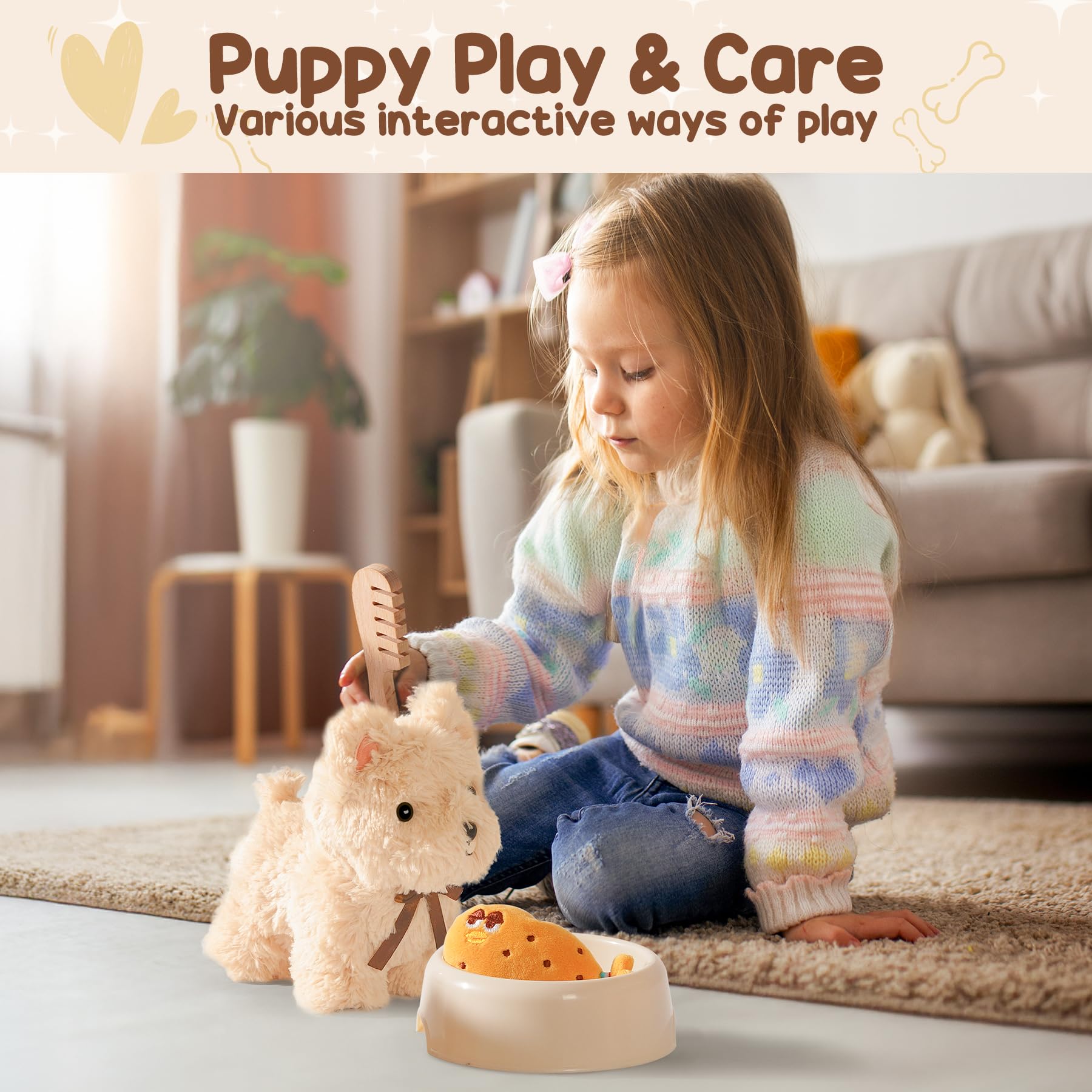 ROBUD Hund Spielzeug Kinder, 2-in-1 Nachziehtiere Spielzeug & Tierpflege Rollenspielset mit Holz Hundehütte & Abnehmbaren Rädern, Zubehör, Holzspielzeug Geschenk für Jungen Mädchen ab 2 3 Jahren