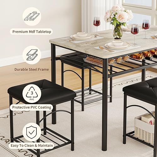 Miniatura 8 de GarveeHome Juego de mesa de comedor para 4 personas con bancos tapizados y 2 taburetes, moderna mesa de desayuno de cocina que ahorra espacio, ideal