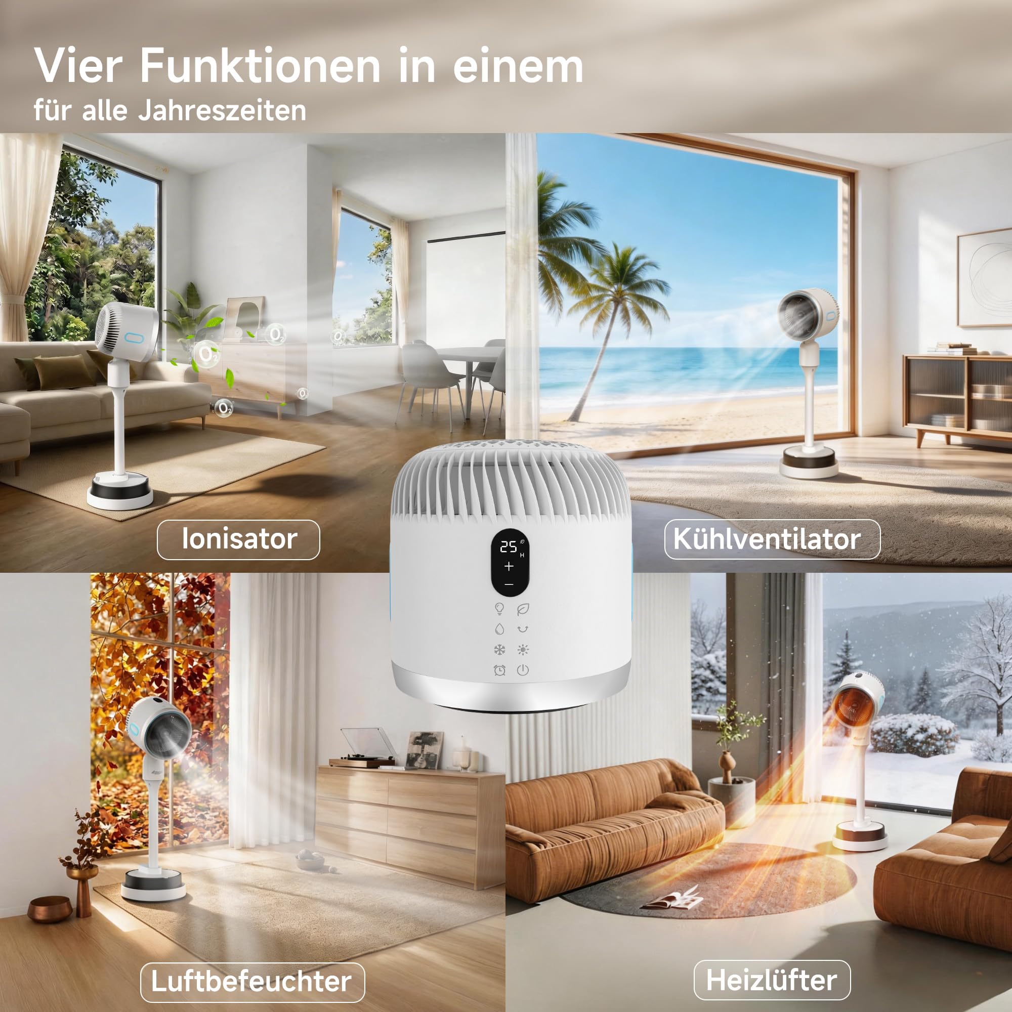 4-in-1 Multifunktionsventilator mit Wasserkühlung, Heizlüfter, Luftbefeuchter & Negativionen, 3 Windstufen, 60° horizontale Oszillation, 12h Timer, Wassertank, Kühlakku, Weiß