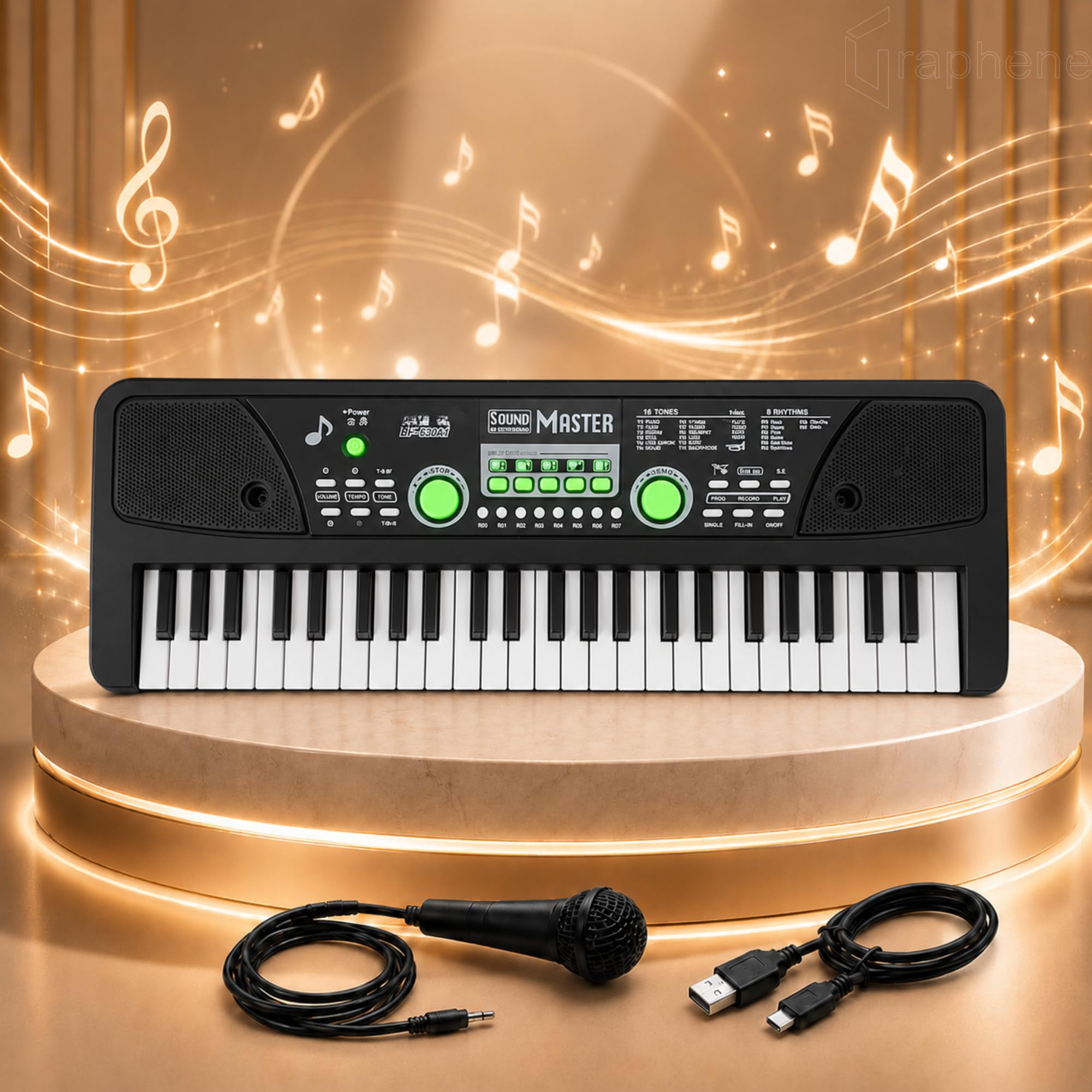 GRAPHENE 49 Keys Portable Piano Keyboard with Mic 8 Rhythms 16 Tones 6 Demos 5 Percussions Electronic Piano Toy for Beginners Learning Songs Recording Musical Toys Gift for Kids Ages 3+-picture-20