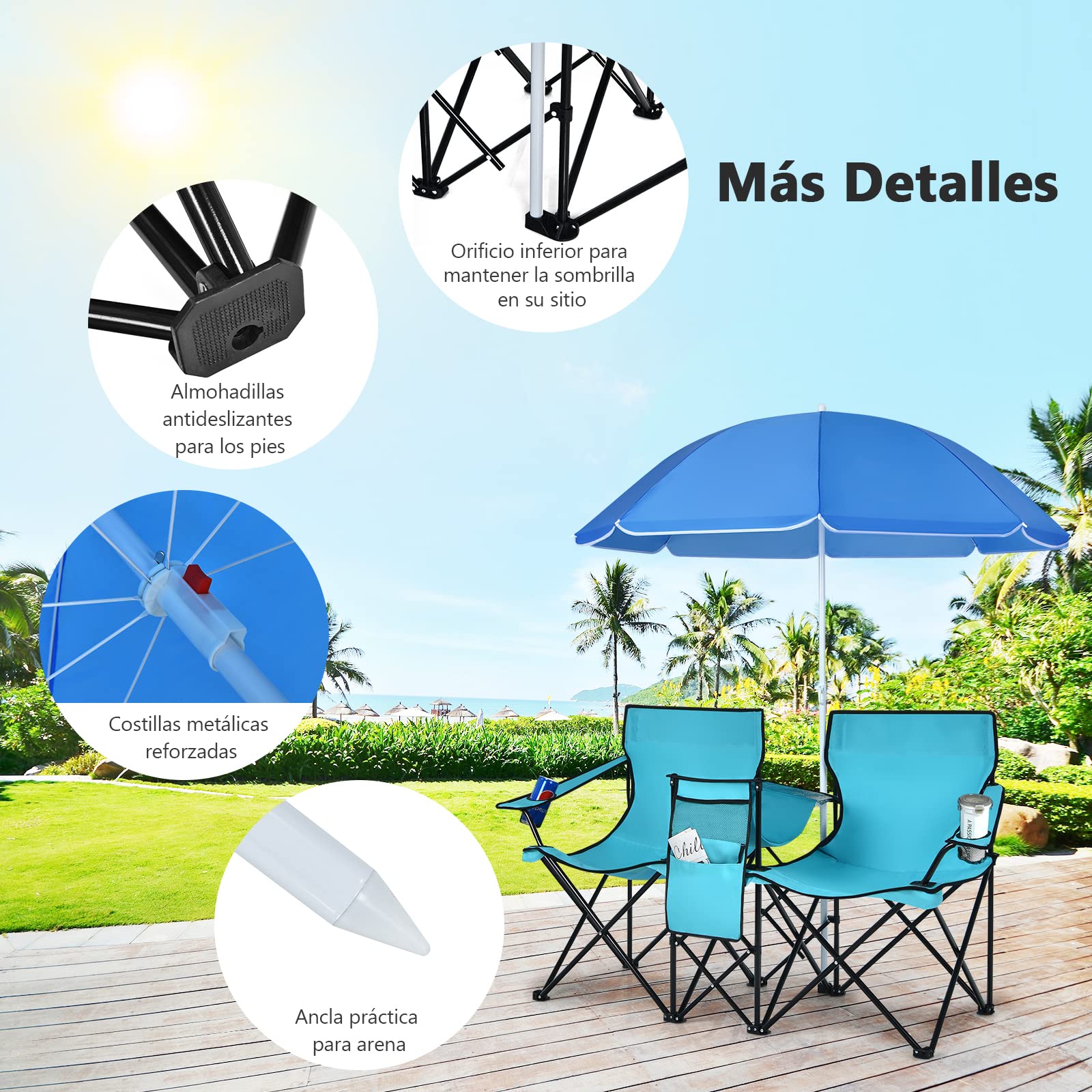 COSTWAY 2 Sillas de Camping con Sombrilla, Sillas Playas Plegables Doble, Portavasos, Bolsa Nevera, Bolsilla Lateral, Bolsa de Transporte, Exterior Picnic Senderismo Barbacoa, 160x56x178cm (Verde)
