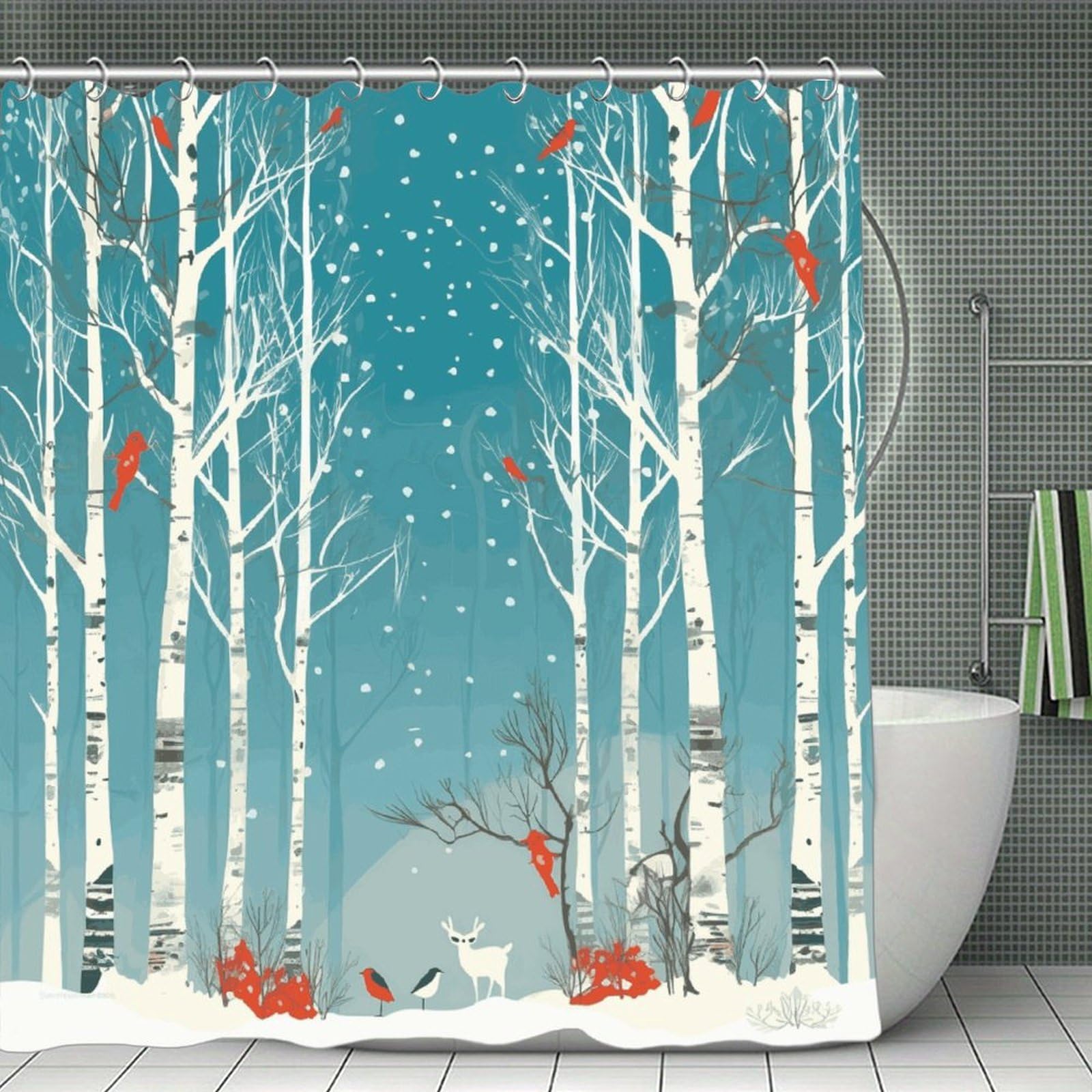 JTREHY Merry Christmas Birch Tree Shower Curtain Waterproof Bathroom Shower Curtain Machine Washable Bath Curtains Polyester Cloth Bath Curtains for Bathroom Showers 70.8×70.8Inch