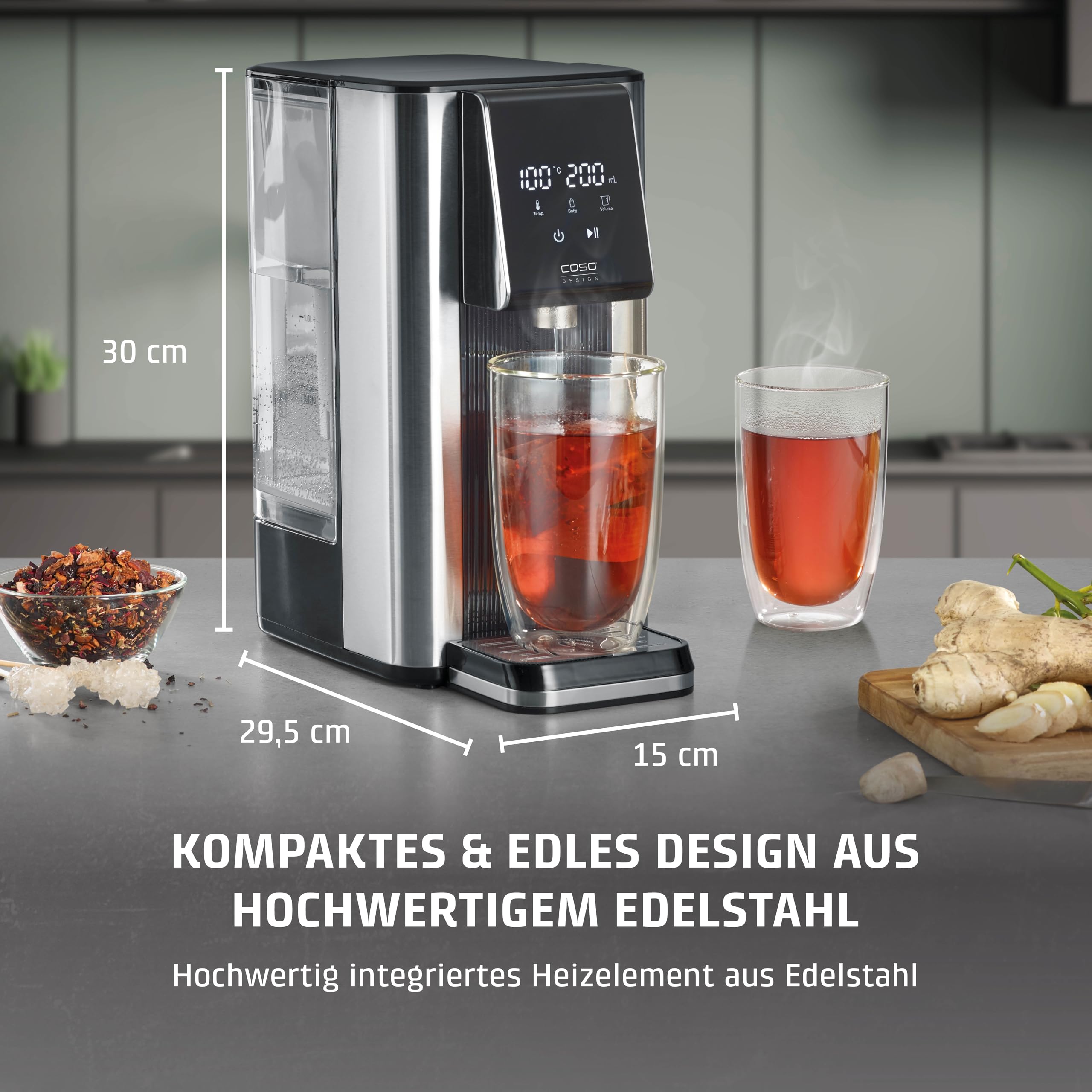 Caso HW 620 Turbo-Heißwasserspender: 2600W, 13 Temp.-Einstellungen (40-100°C), 7 Mengenausgaben, 2,5L Tank, Energiesparend, Babyfunktion, Edelstahl, Wasserfilter, Entkalkungserinnerung