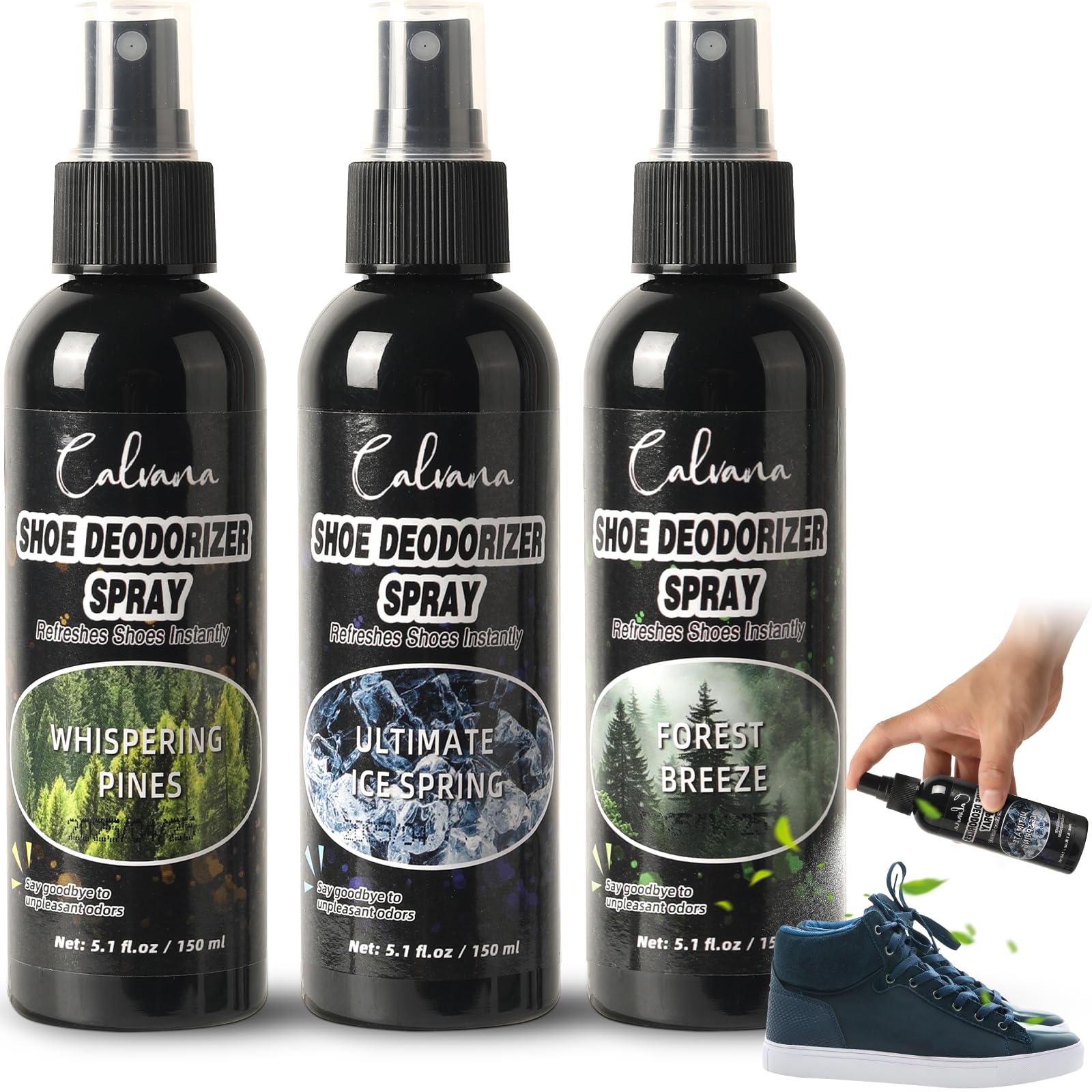 Photo 1 of (3-Pack) Calvana 5.1 fl.oz Heavy Duty Shoe Deodorizer Spray Kit, Multi-Purpose Odor Remover for All Types of Footwear, Extra Strength, Portable & Travel-Friendly