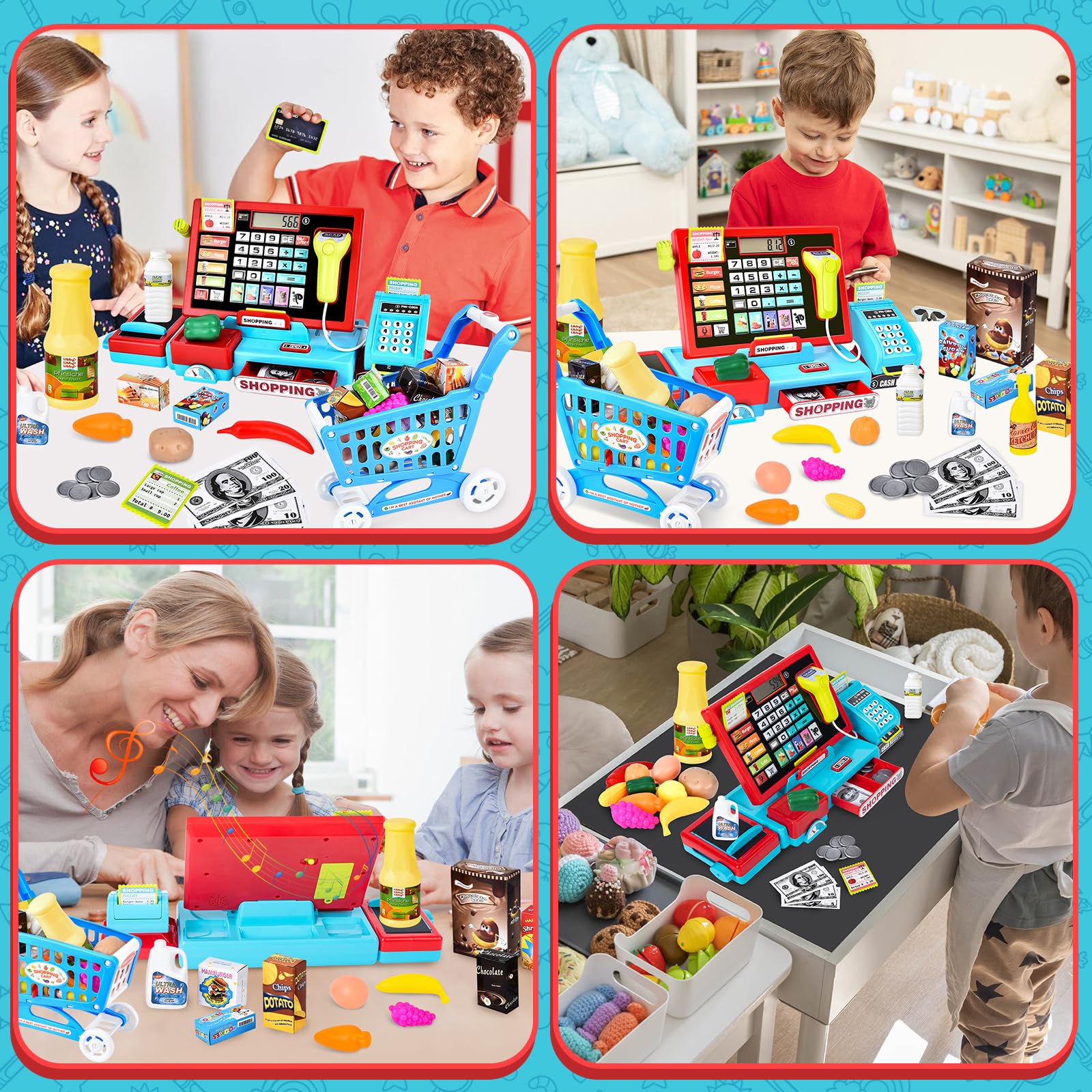 Jouet Caisse Enregistreuse pour Enfants avec 46 Accessoires - Vraie Calculatrice, Scanner Son et Lumière, Jeu de Rôle 3+ Ans