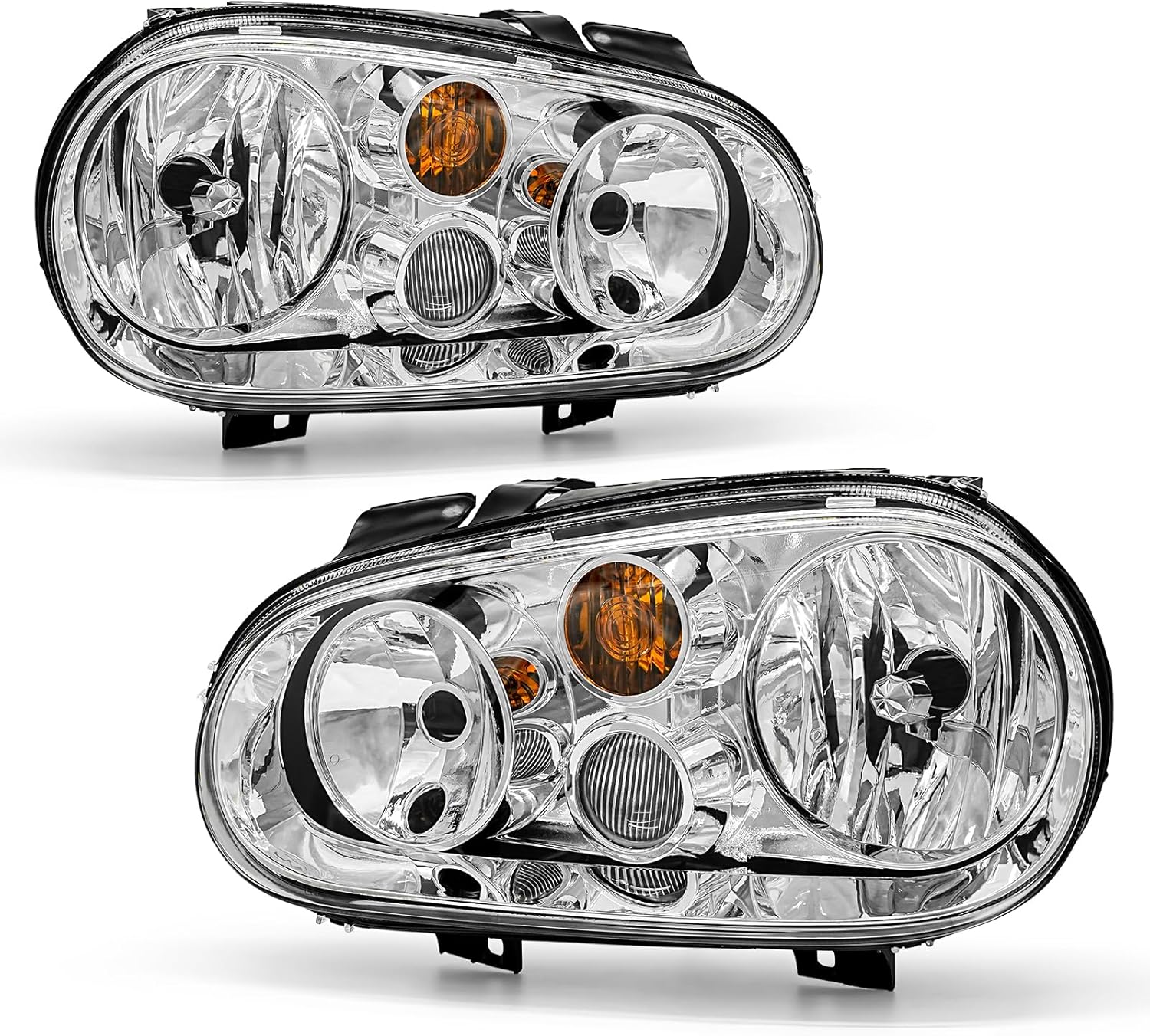 For 1999-2006 Volkswagen Golf MK4 Headlight Assembly with 1999-2002 VW Cabrio/2004 VW Golf R32 Chrome Housing Amber Reflector Headlamp Replacement Driver and Passenger Side