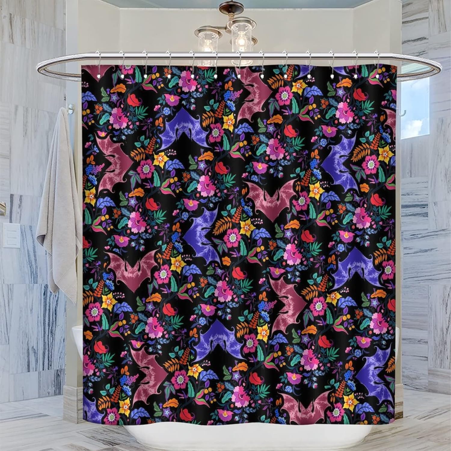 Gothic Bat Fabric Shower Curtain,Colorful Halloween Floral Bat Print Hotel Quality,Machine Washable,72L x72W for Bathroom.