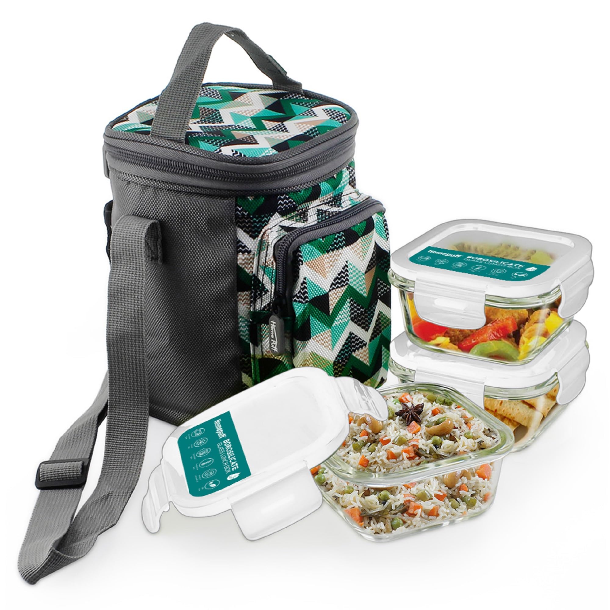 Home Puff Borosilicate Glass Lunch Box for Office, Airtight Leak-Proof Tiffin Box for Men/Women, Stain-free Lid, Easy to Clean, Microwave/Freezer Safe, Free Lunch Bag, 320ML Set of 3, 1-Year Warranty